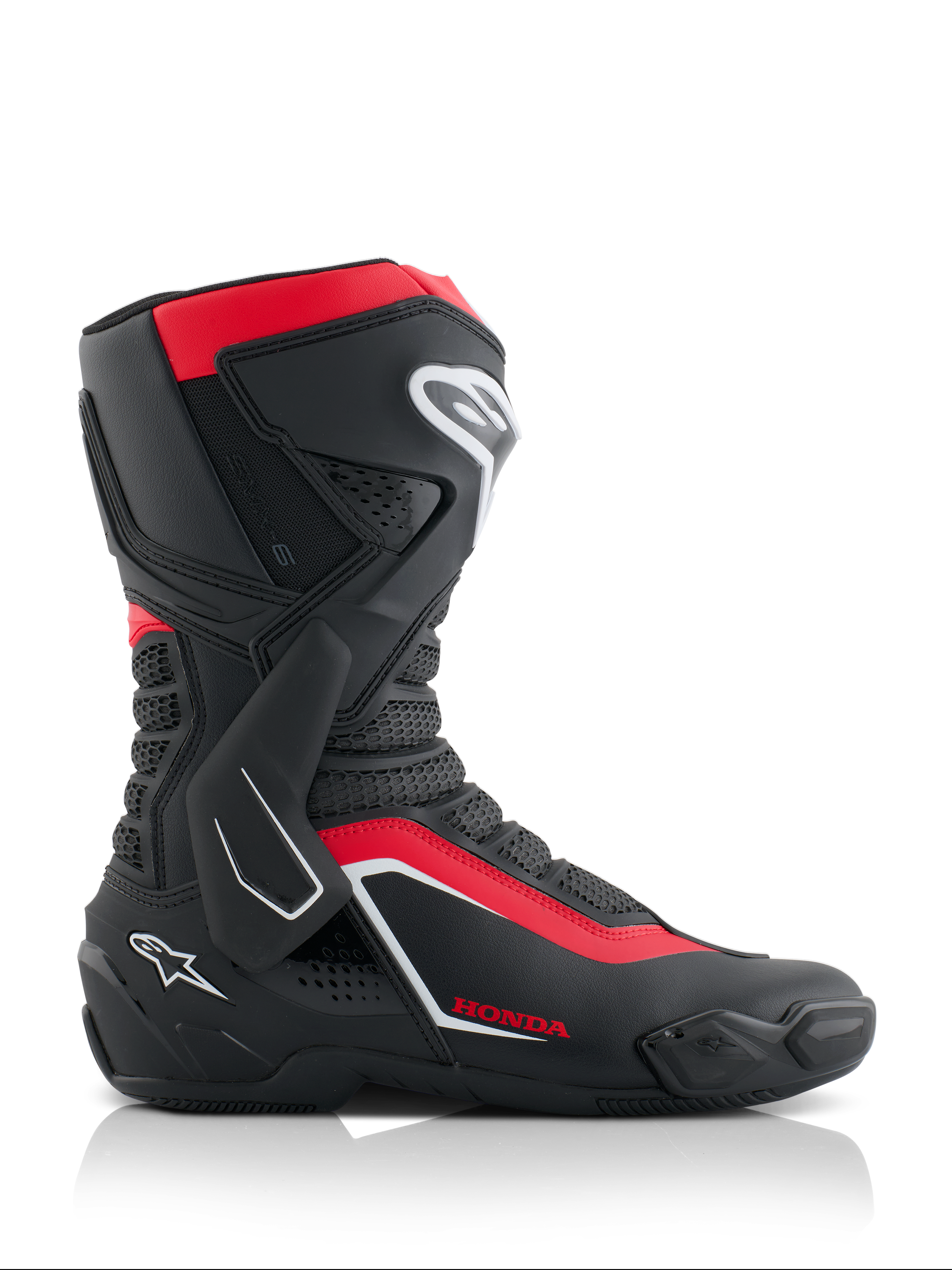 Stivali Alpinestars Honda SMX-6 V3, stivali da moto ad alte prestazioni, nero, rosso brillante e bianco, vista laterale con costruzione in microfibra, protezione in TPU, rinforzo laterale per la caviglia e logo Honda, equipaggiamento professionale per pista e strada