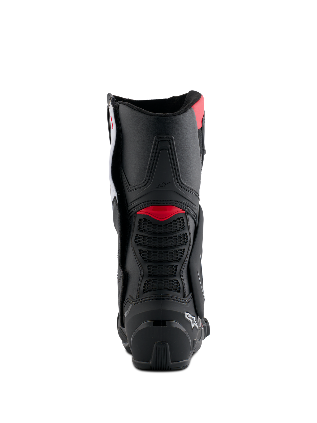 Stivali Alpinestars Honda SMX-6 V3, vista posteriore, nero con dettagli rosso brillante e bianchi, stivali da moto ad alte prestazioni con protezione posteriore del polpaccio in TPU e dettagli di ventilazione