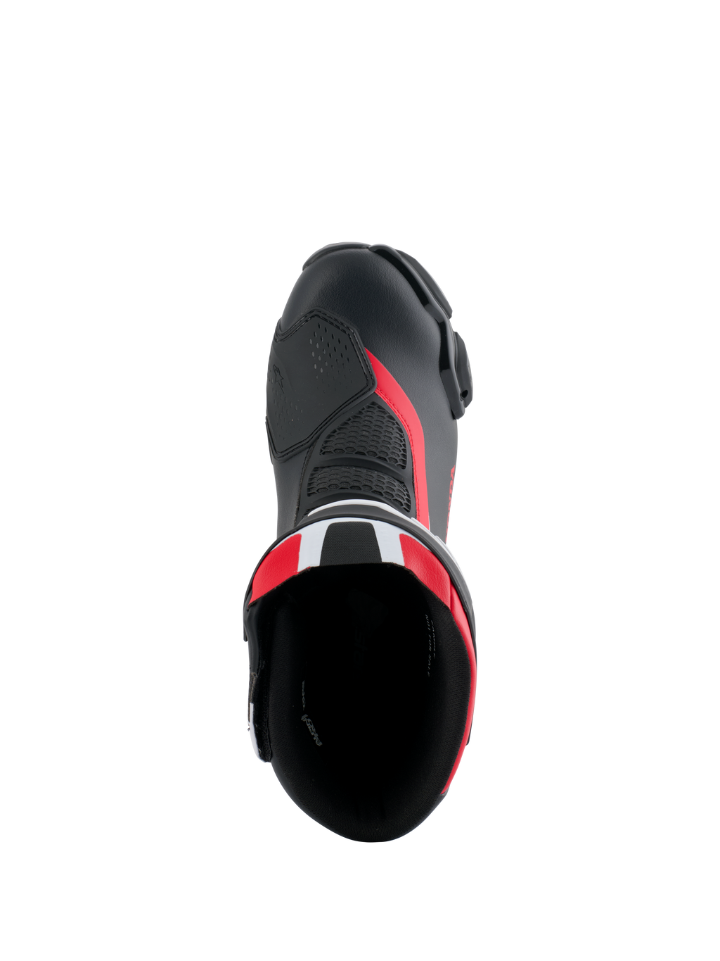 Stivali Alpinestars Honda SMX-6 V3, stivali da moto ad alte prestazioni, nero, rosso acceso e bianco, vista dall'alto dell'apertura dello stivale, con tomaia in microfibra, dettagli in mesh e inserti rossi, design aerodinamico per la guida in pista e su strada