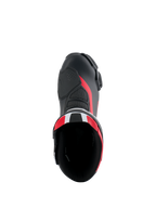 Stivali Alpinestars Honda SMX-6 V3, stivali da moto ad alte prestazioni, nero, rosso acceso e bianco, vista dall'alto dell'apertura dello stivale, con tomaia in microfibra, dettagli in mesh e inserti rossi, design aerodinamico per la guida in pista e su strada