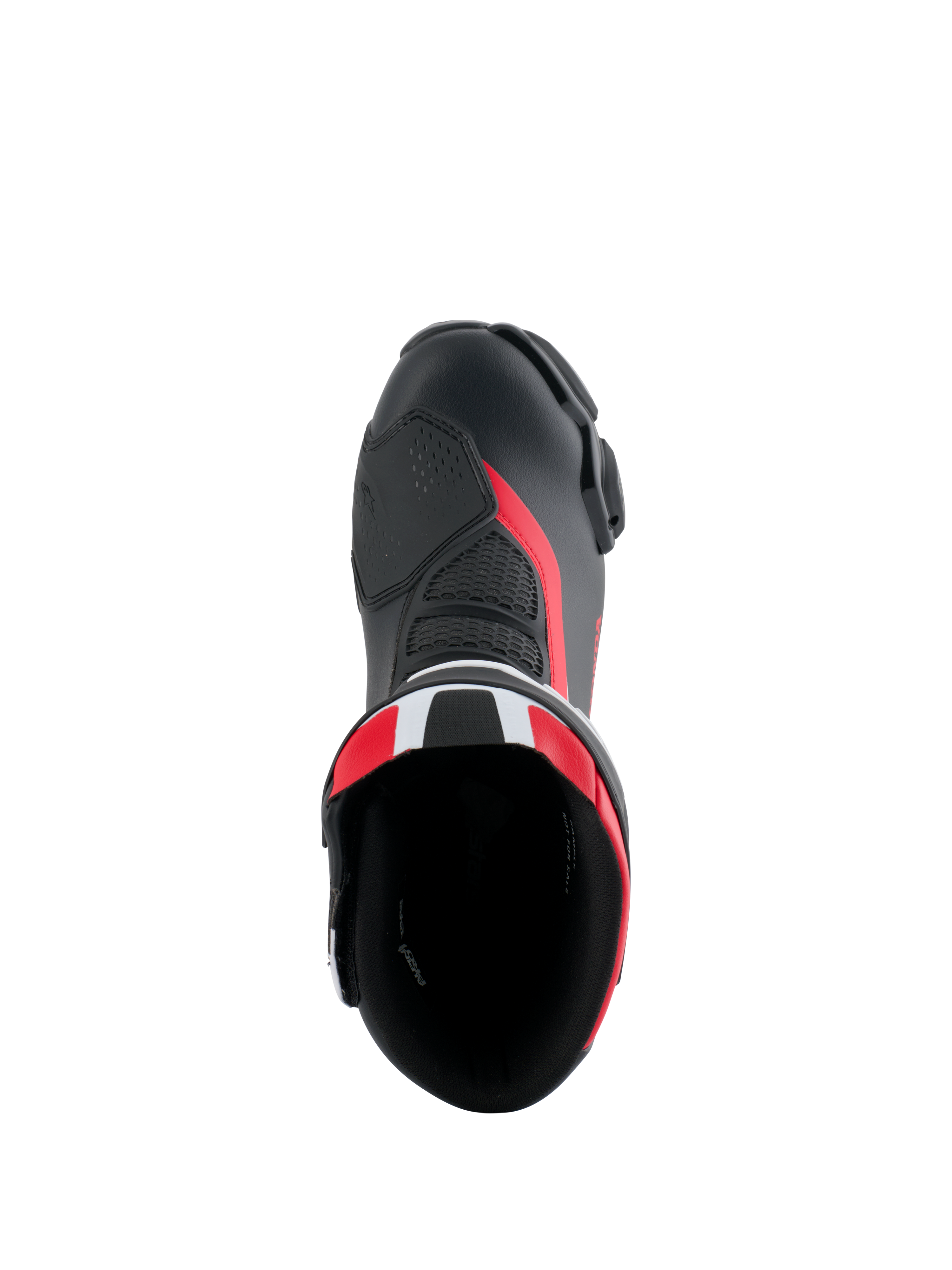 Stivali Alpinestars Honda SMX-6 V3, stivali da moto ad alte prestazioni, nero, rosso acceso e bianco, vista dall'alto dell'apertura dello stivale, con tomaia in microfibra, dettagli in mesh e inserti rossi, design aerodinamico per la guida in pista e su strada