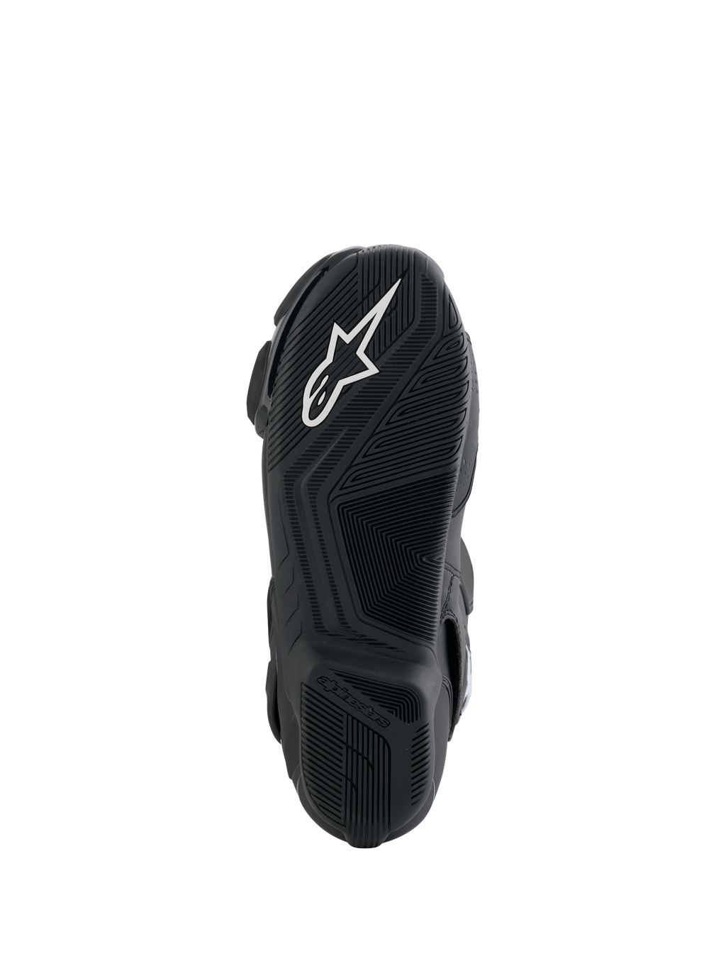 Stivali Alpinestars Honda SMX-6 V3, vista della suola, suola esterna in gomma nera con logo Alpinestars bianco, design con grip testurizzato per precisione sui comandi della moto