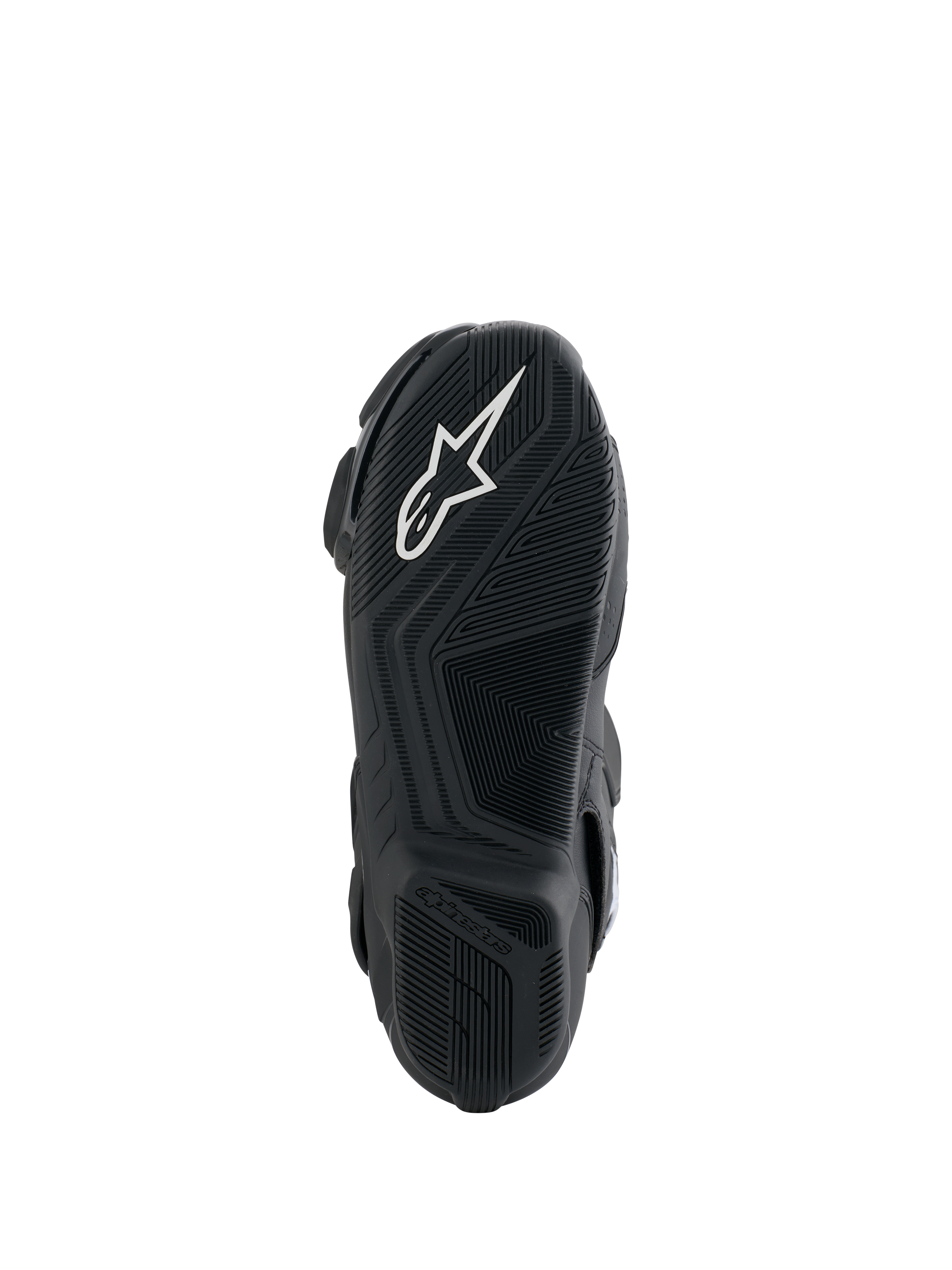 Stivali Alpinestars Honda SMX-6 V3, vista della suola, suola esterna in gomma nera con logo Alpinestars bianco, design con grip testurizzato per precisione sui comandi della moto
