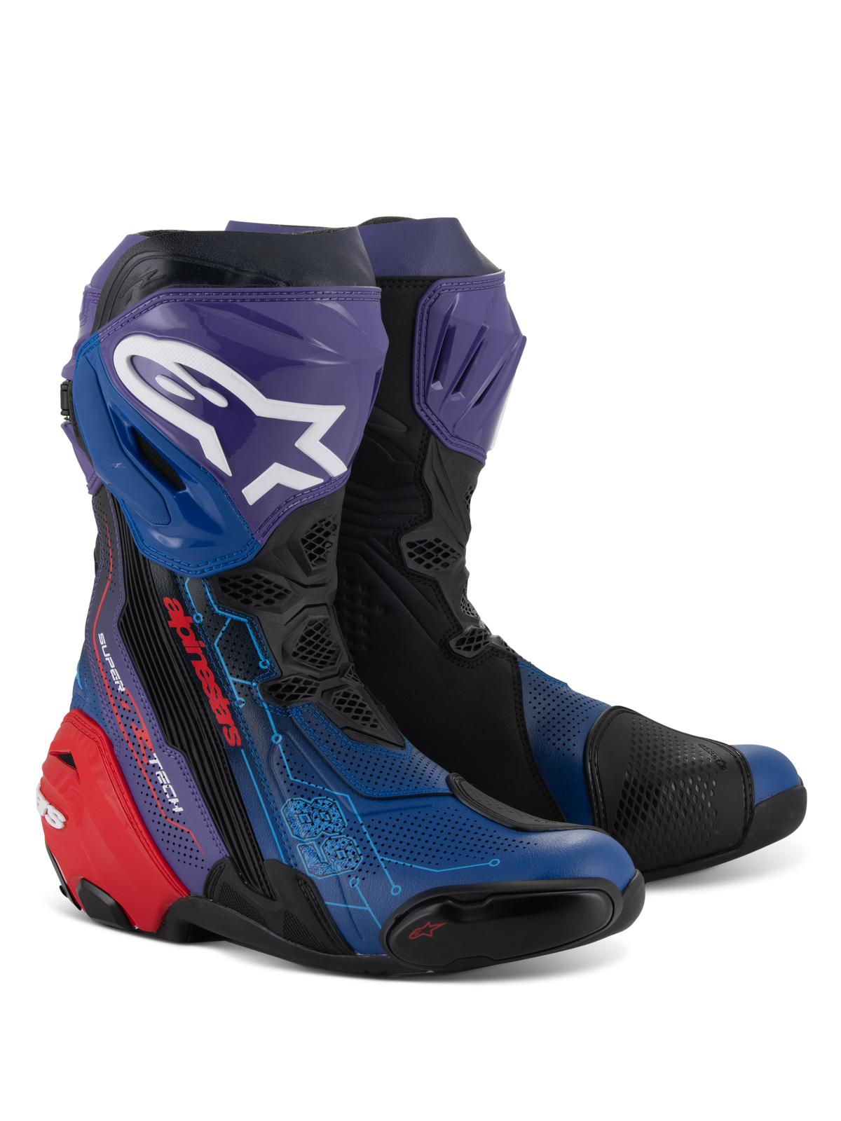 Alpinestars Stivali Supertech R LE Martinator R01 Ventilati, stivali da moto racing, blu, viola, rosso e nero, con ampie perforazioni per il flusso d'aria, logo Astars bianco su parastinchi viola, protezione del tallone rossa e design tecnico da corsa