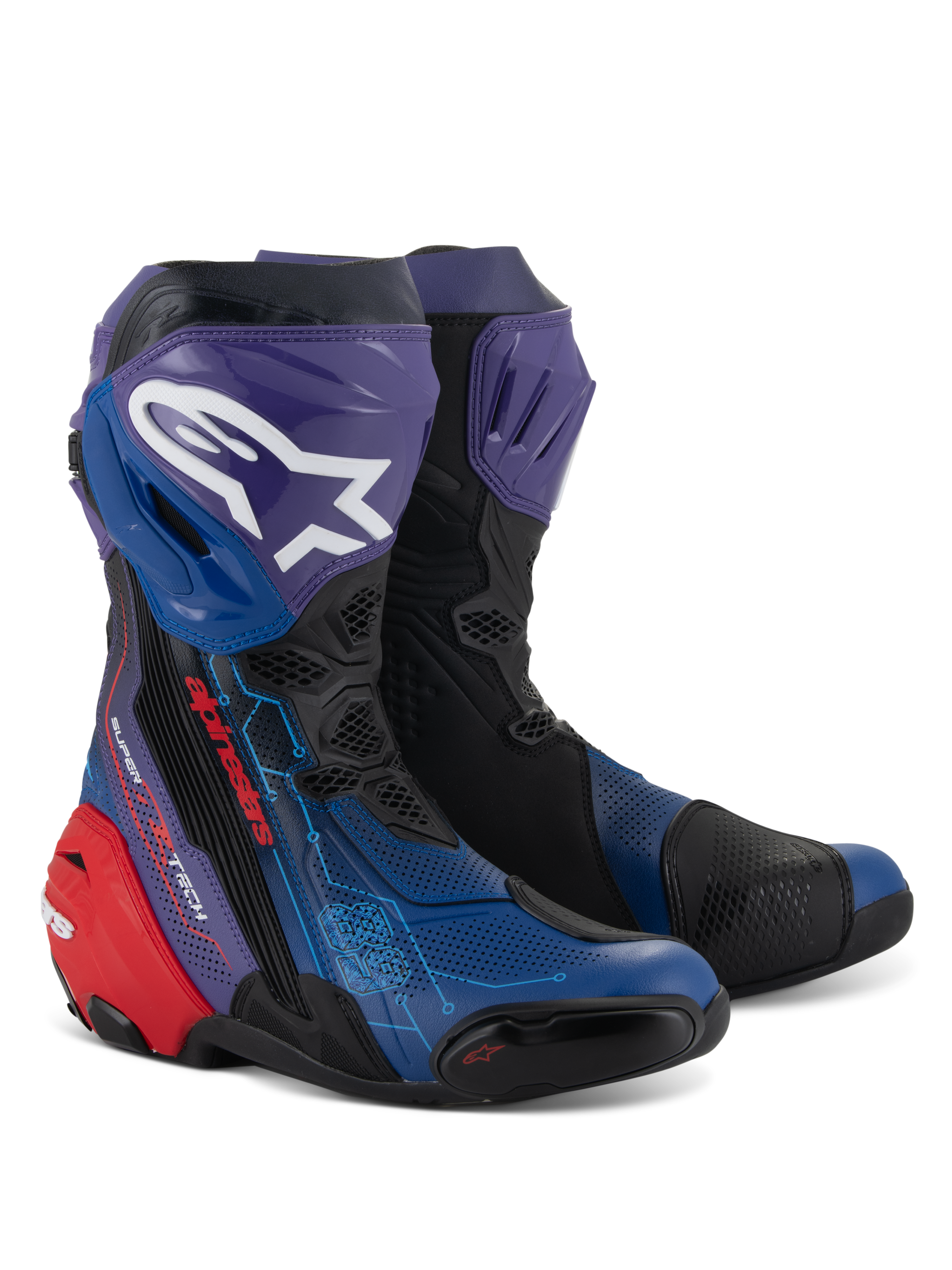 Alpinestars Stivali Supertech R LE Martinator R01 Ventilati, stivali da moto racing, blu, viola, rosso e nero, con ampie perforazioni per il flusso d'aria, logo Astars bianco su parastinchi viola, protezione del tallone rossa e design tecnico da corsa