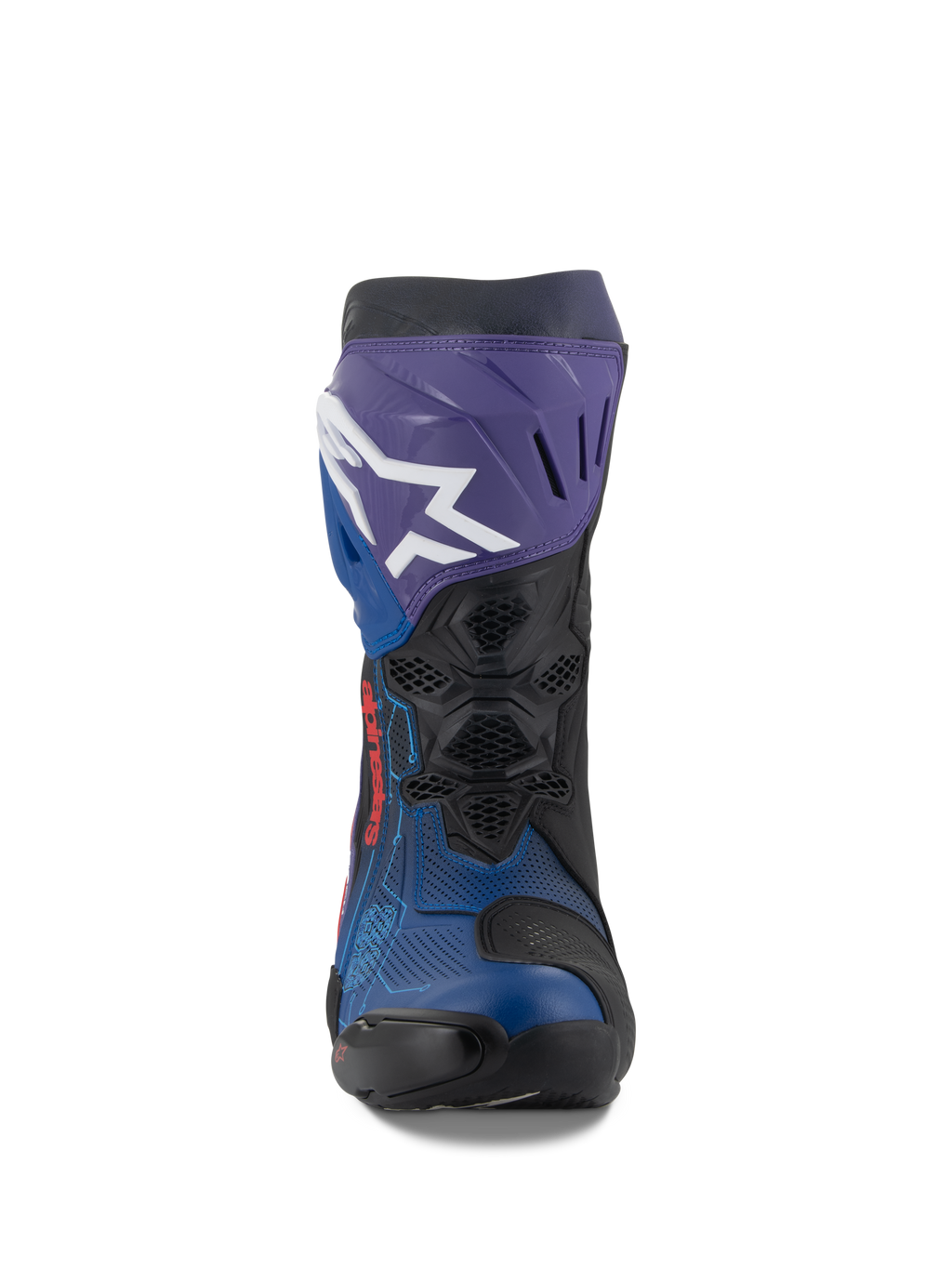 Stivali Alpinestars Supertech R LE Martinator R01 Ventilati, stivali da moto racing, blu, viola, rosso e nero, vista frontale con logo Alpinestars bianco sulla placca tibiale viola, tomaia in microfibra traforata per il massimo flusso d'aria, design tecnico da corsa ad alte prestazioni