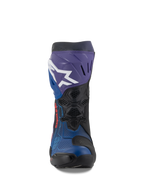 Stivali Alpinestars Supertech R LE Martinator R01 Ventilati, stivali da moto racing, blu, viola, rosso e nero, vista frontale con logo Alpinestars bianco sulla placca tibiale viola, tomaia in microfibra traforata per il massimo flusso d'aria, design tecnico da corsa ad alte prestazioni