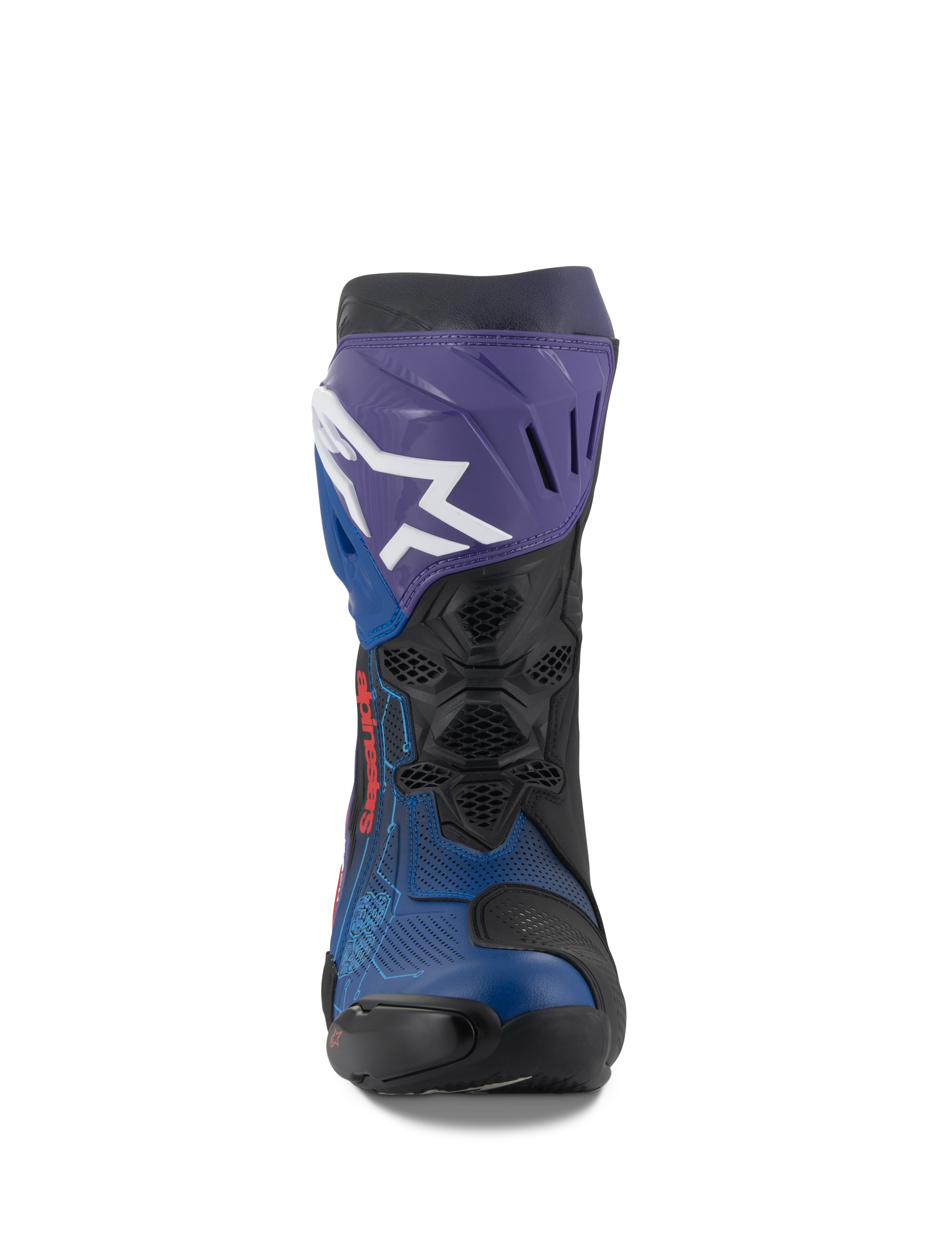 Stivali Alpinestars Supertech R LE Martinator R01 Ventilati, stivali da moto racing, blu, viola, rosso e nero, vista frontale con logo Alpinestars bianco sulla placca tibiale viola, tomaia in microfibra traforata per il massimo flusso d'aria, design tecnico da corsa ad alte prestazioni
