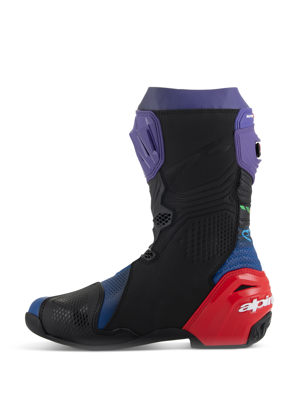 Alpinestars Supertech R LE Martinator R01 Ventilati, stivali da moto racing, blu, viola, rosso e nero, vista laterale di profilo con microfibra perforata, placca tibiale viola e protezione del tallone rossa con logo bianco.