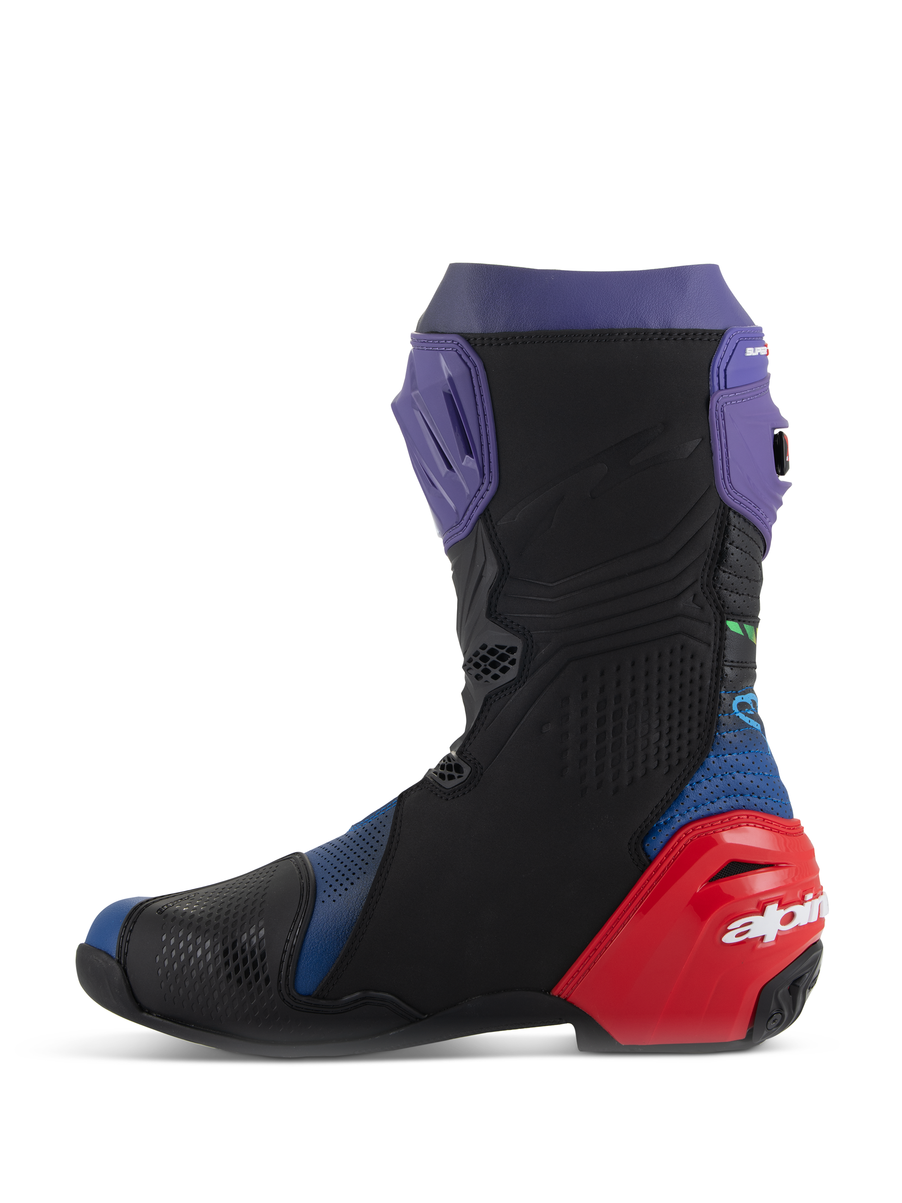 Alpinestars Supertech R LE Martinator R01 Ventilati, stivali da moto racing, blu, viola, rosso e nero, vista laterale di profilo con microfibra perforata, placca tibiale viola e protezione del tallone rossa con logo bianco.