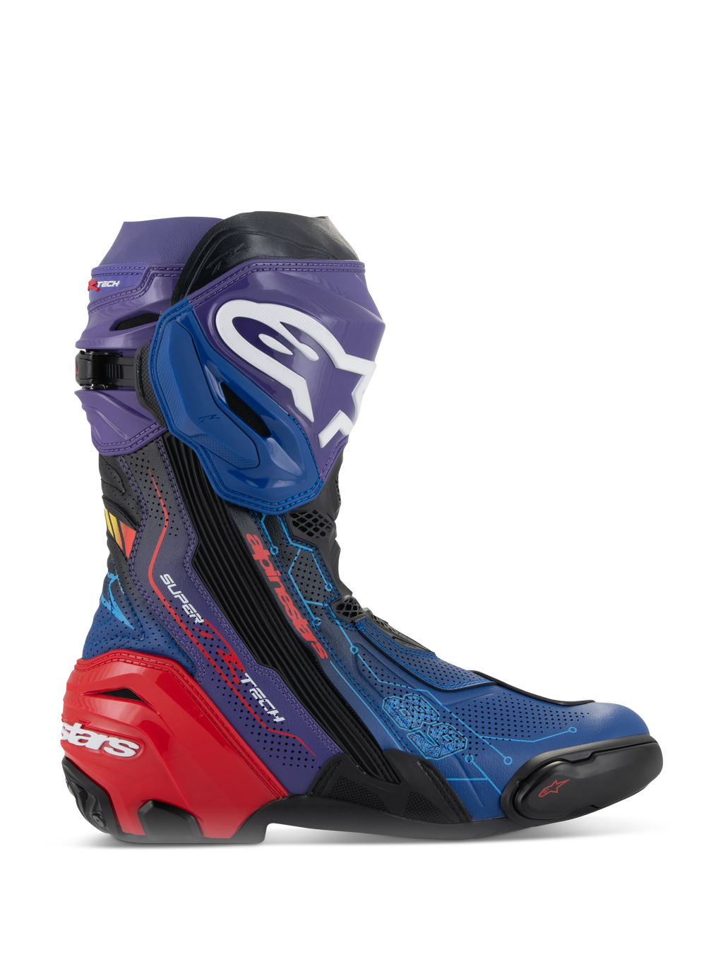 Alpinestars Supertech R LE Martinator R01 Vented, stivali da moto racing ad alte prestazioni, vivace colorazione blu, viola e rossa, caratterizzati da una tomaia in microfibra traforata, prominente logo Alpinestars bianco sulla placca tibiale e protezione del tallone rossa rinforzata