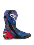 Alpinestars Supertech R LE Martinator R01 Vented, stivali da moto racing ad alte prestazioni, vivace colorazione blu, viola e rossa, caratterizzati da una tomaia in microfibra traforata, prominente logo Alpinestars bianco sulla placca tibiale e protezione del tallone rossa rinforzata