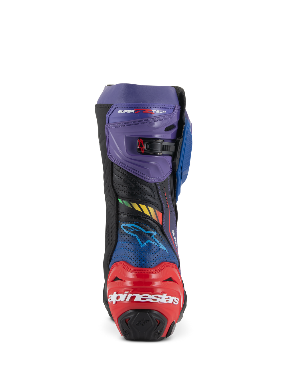 Stivali Alpinestars Supertech R LE Martinator R01 Ventilati, stivali da moto racing, blu, viola, rosso e nero, vista posteriore con protezione del tallone rossa e logo Alpinestars bianco, ghetta superiore viola con fibbia regolabile e microfibra perforata per il flusso d'aria.