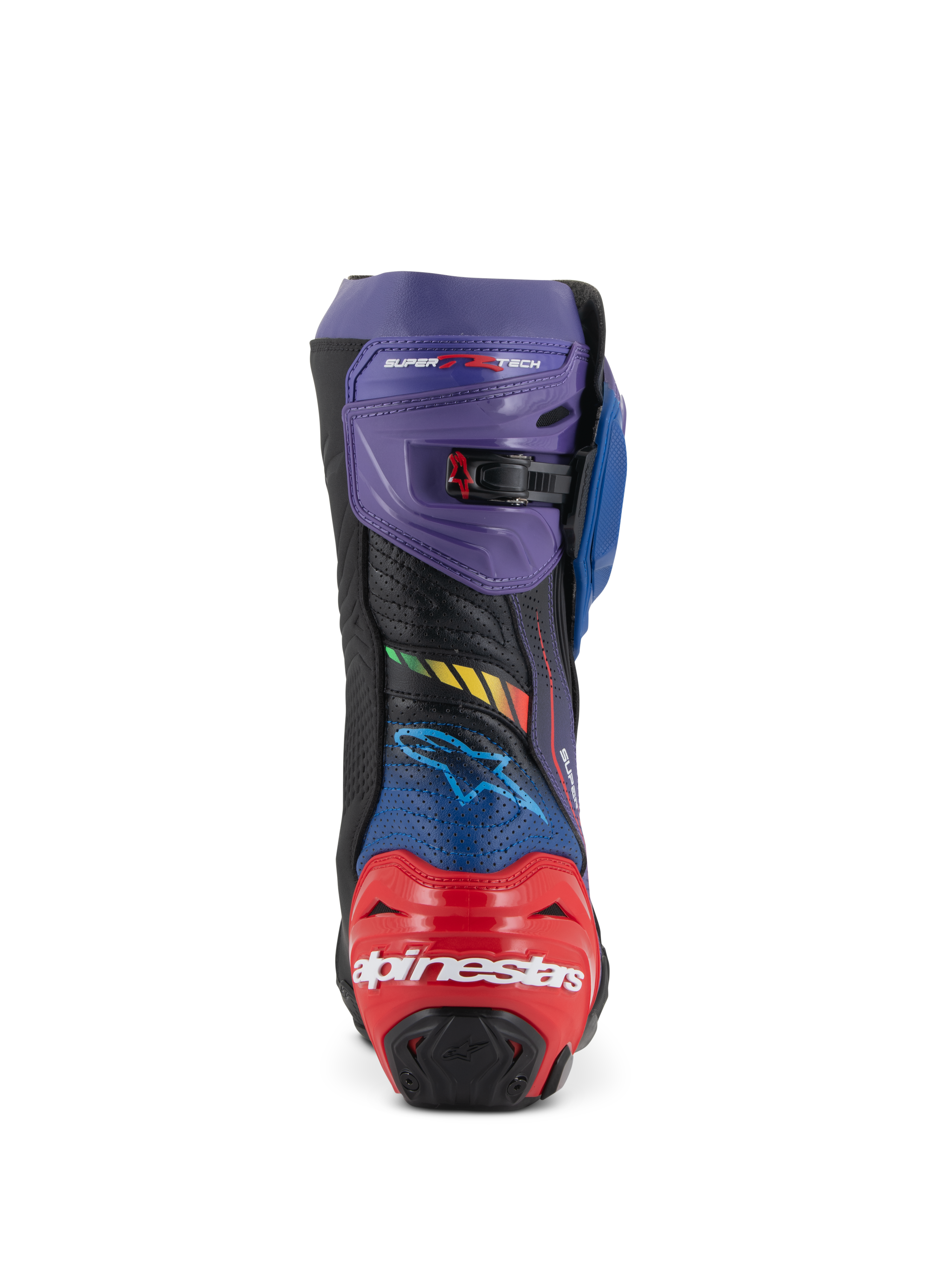 Stivali Alpinestars Supertech R LE Martinator R01 Ventilati, stivali da moto racing, blu, viola, rosso e nero, vista posteriore con protezione del tallone rossa e logo Alpinestars bianco, ghetta superiore viola con fibbia regolabile e microfibra perforata per il flusso d'aria.