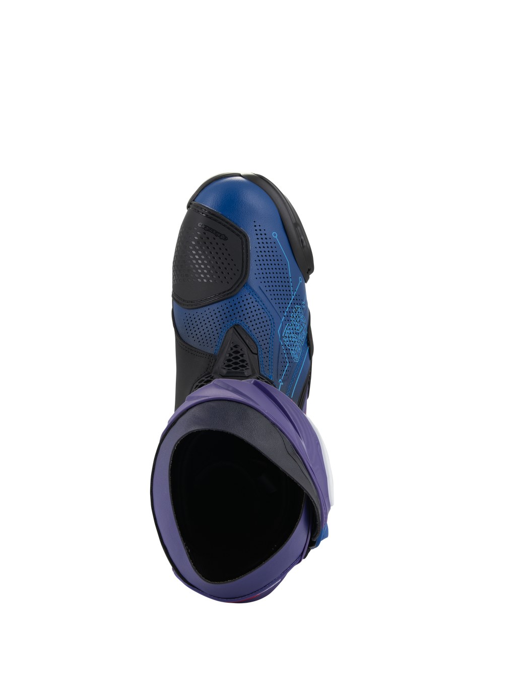 Alpinestars Supertech R LE Martinator R01 Vented Boots, stivali da moto racing, blu e viola con dettagli neri, vista dall'alto dell'interno dello stivale, con tomaia in microfibra traforata e design racing