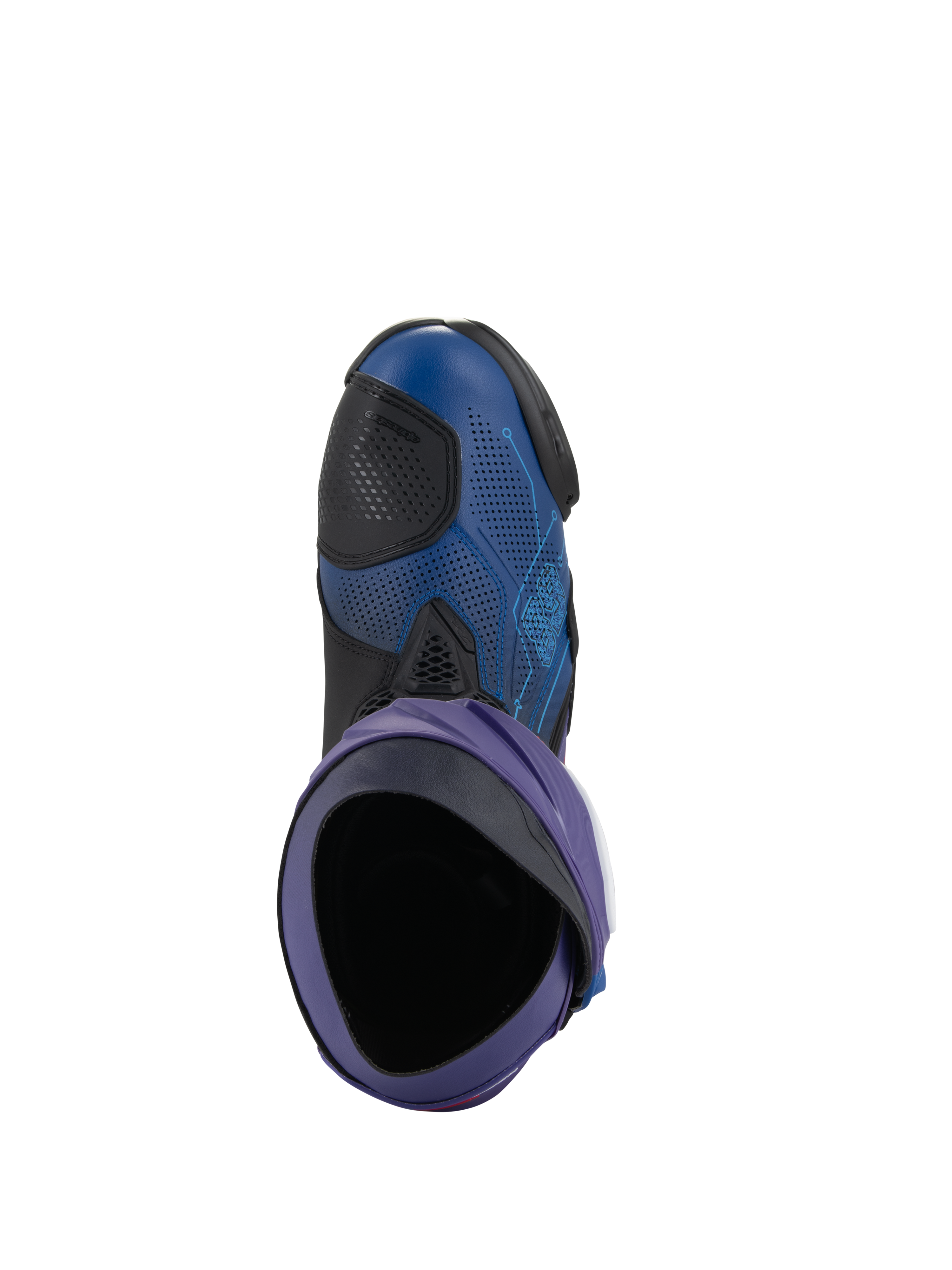 Alpinestars Supertech R LE Martinator R01 Vented Boots, stivali da moto racing, blu e viola con dettagli neri, vista dall'alto dell'interno dello stivale, con tomaia in microfibra traforata e design racing