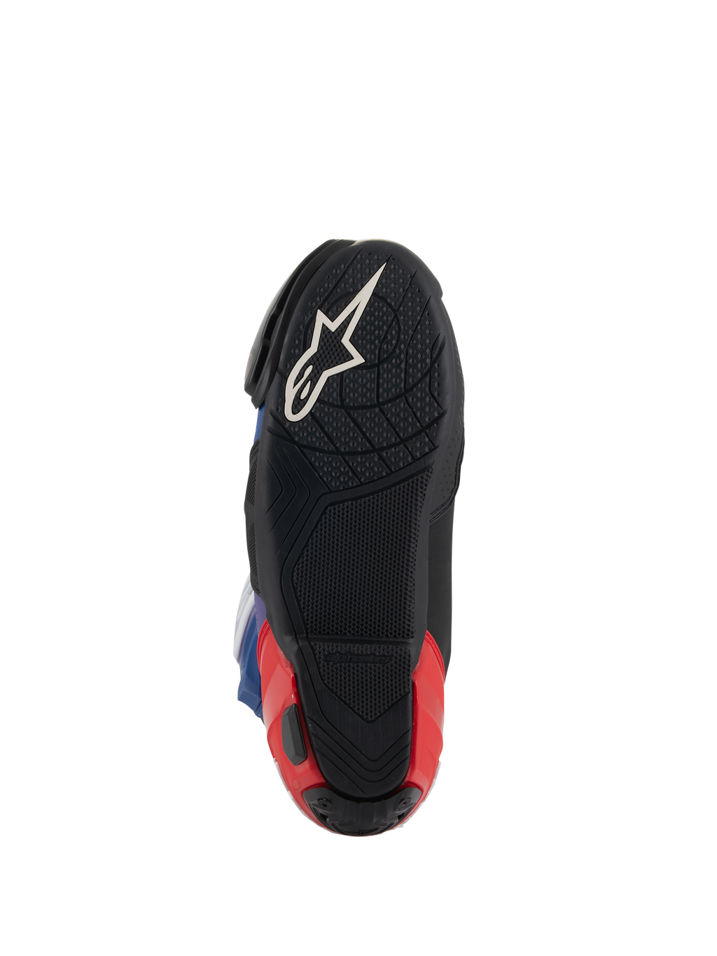 Alpinestars Supertech R LE Martinator R01 Vented Boots, vista della suola, nero con logo Astars bianco e tallone rosso, mescola di gomma testurizzata per il grip, calzatura da corsa ad alte prestazioni