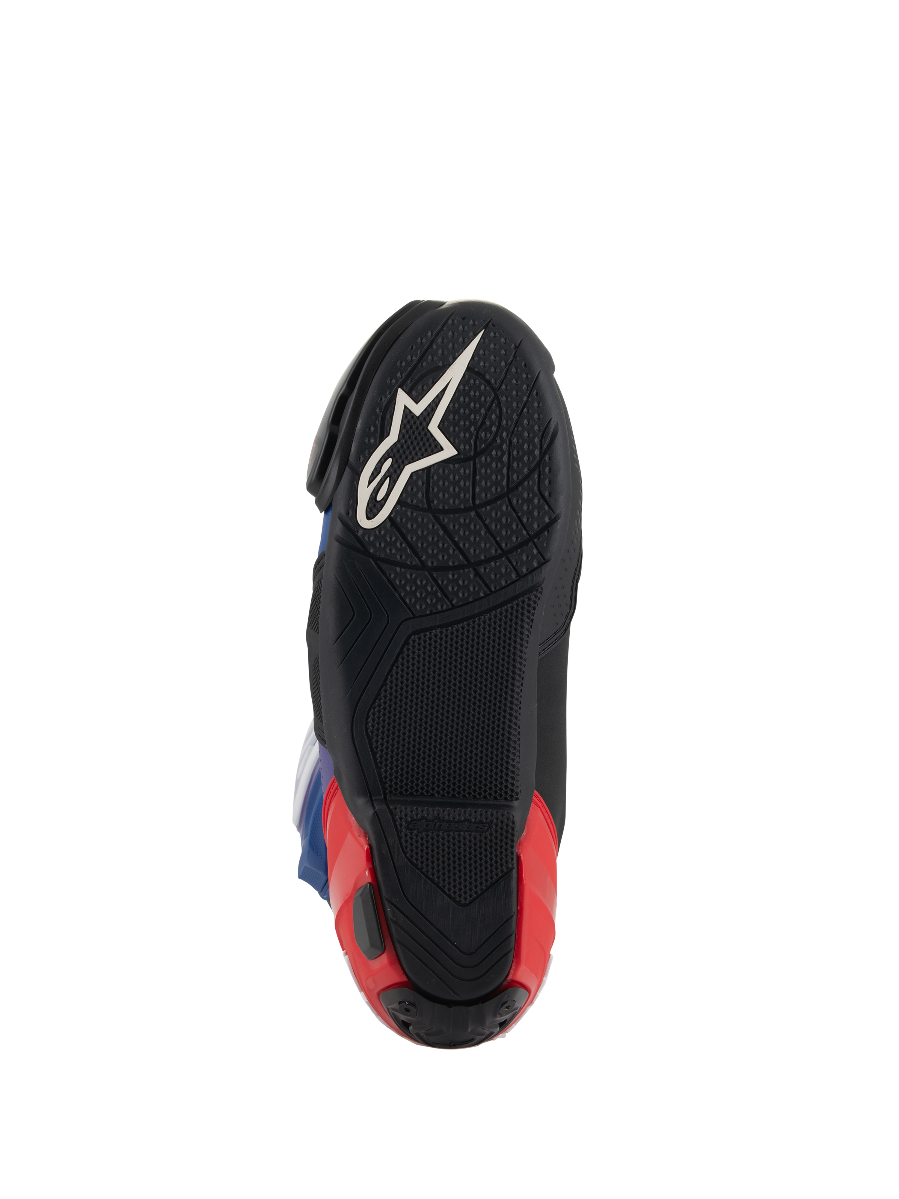 Alpinestars Supertech R LE Martinator R01 Vented Boots, vista della suola, nero con logo Astars bianco e tallone rosso, mescola di gomma testurizzata per il grip, calzatura da corsa ad alte prestazioni