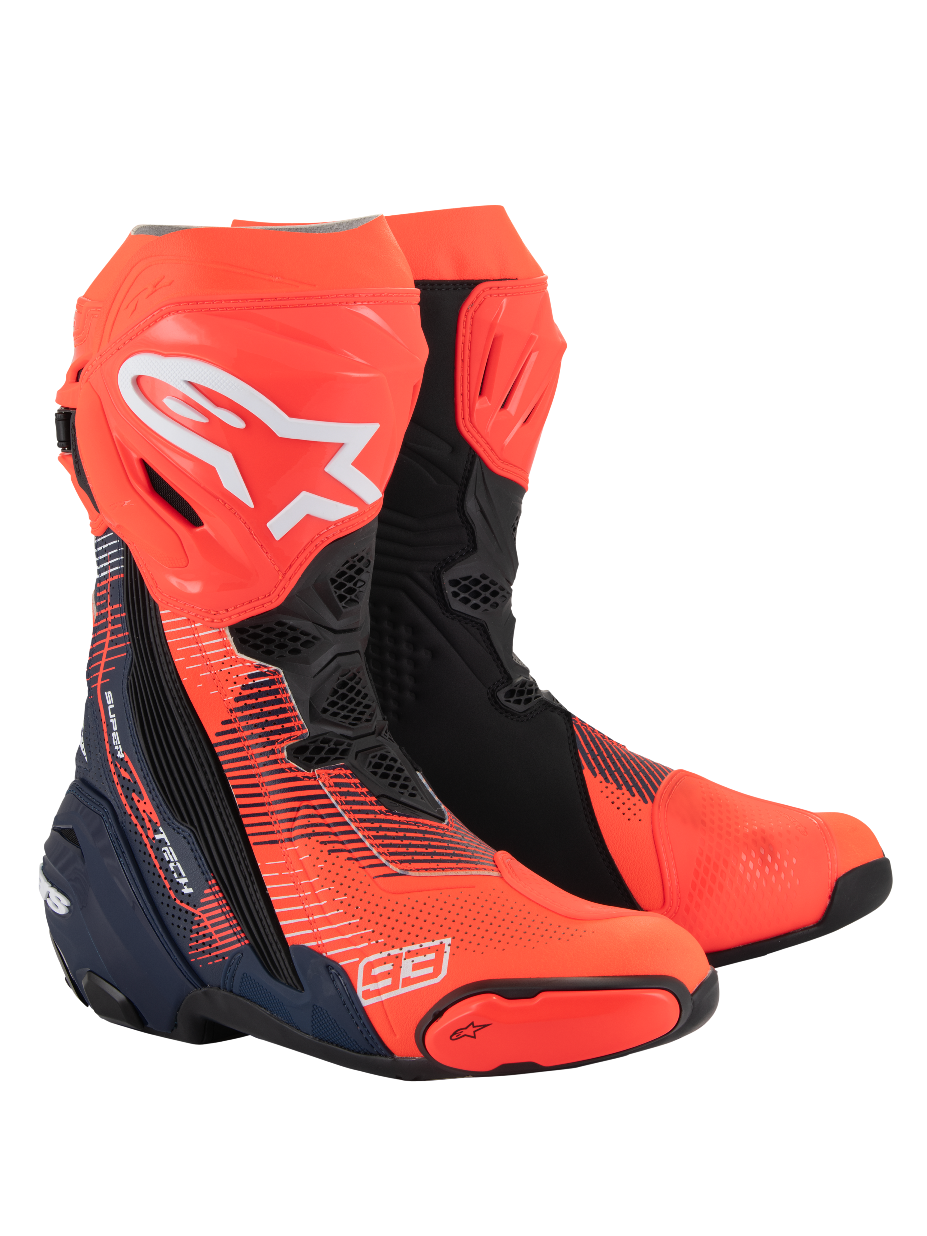 Stivali Alpinestars Supertech R Vented MM93 Replica, stivali da corsa professionali per moto, rosso fluo, blu scuro e nero, con marchio Marc Marquez 93, struttura in microfibra traforata per la ventilazione, design aerodinamico elegante con slider protettivi avanzati