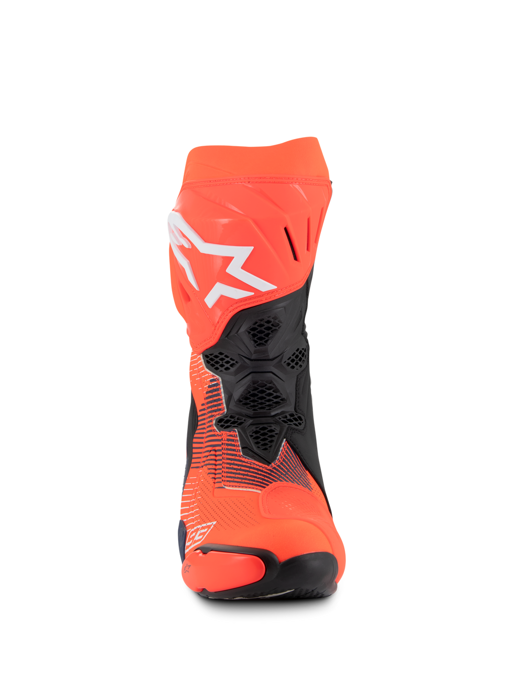 Stivali Alpinestars Supertech R Vented MM93 Replica, stivali da moto racing, rosso fluo, blu scuro e nero, vista frontale che mostra la ventilazione in mesh, logo Alpinestars bianco e costruzione in microfibra resistente