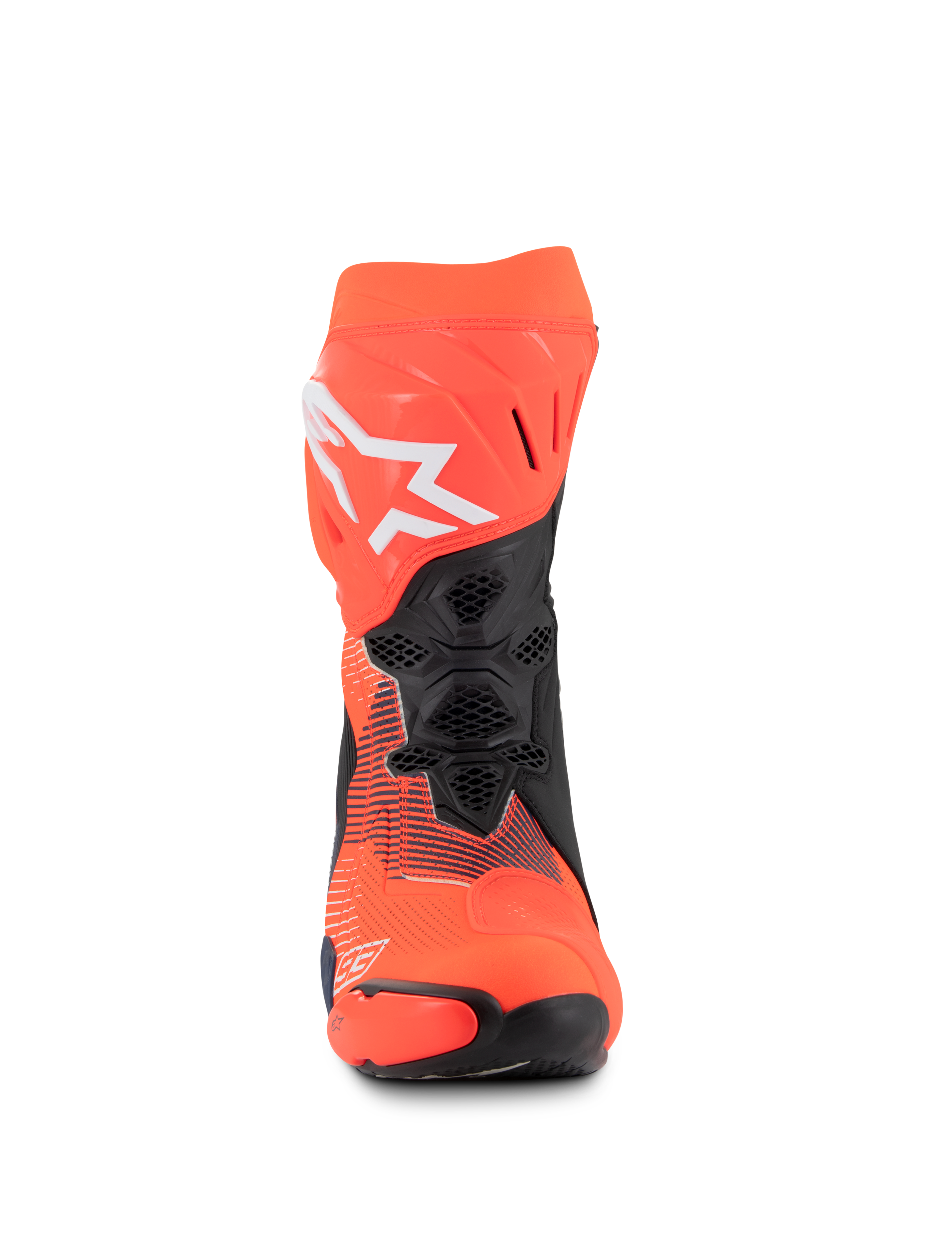 Stivali Alpinestars Supertech R Vented MM93 Replica, stivali da moto racing, rosso fluo, blu scuro e nero, vista frontale che mostra la ventilazione in mesh, logo Alpinestars bianco e costruzione in microfibra resistente