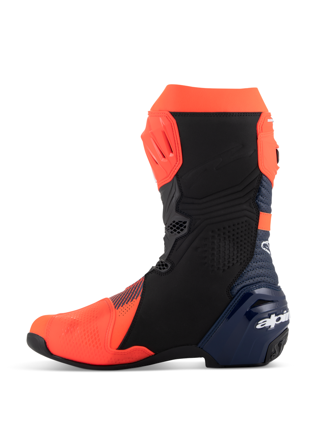 Alpinestars Supertech R Vented MM93 Replica, stivali da corsa motociclistica, rosso fluo, blu scuro e nero, vista del profilo laterale mediale, con tomaia in microfibra traforata, piastre protettive in TPU e design aerodinamico e performante.