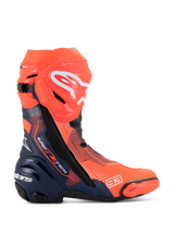 Alpinestars Supertech R Vented MM93 Replica Boots, stivali da corsa per moto, rosso fluo e blu scuro con dettagli neri, tomaia in microfibra traforata per la ventilazione, logo Alpinestars bianco sullo stinco e numero 93 sulla punta