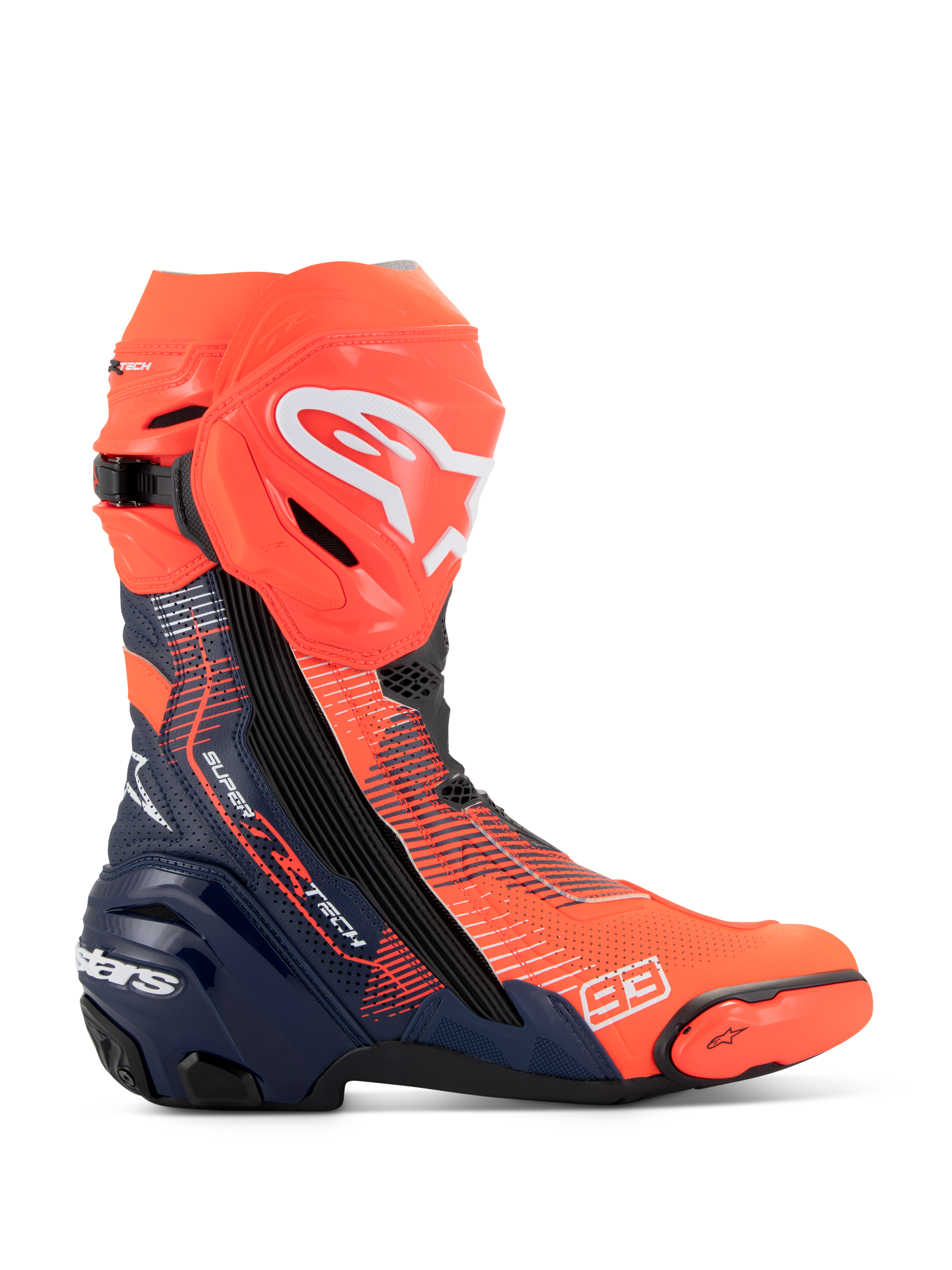 Alpinestars Supertech R Vented MM93 Replica Boots, stivali da corsa per moto, rosso fluo e blu scuro con dettagli neri, tomaia in microfibra traforata per la ventilazione, logo Alpinestars bianco sullo stinco e numero 93 sulla punta