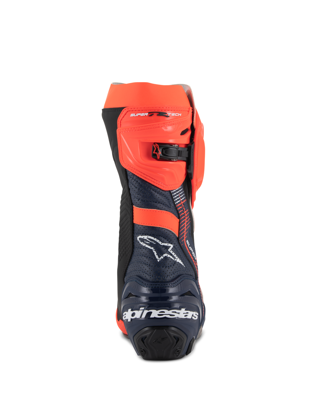 Stivali Alpinestars Supertech R Vented MM93 Replica, stivali da corsa per moto, rosso fluo, blu scuro e nero, vista posteriore con logo Alpinestars bianco sul tallone e chiusura a cricchetto regolabile rosso fluo, design in microfibra traforata per un elevato flusso d'aria