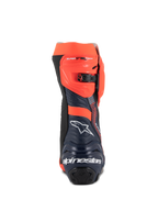 Stivali Alpinestars Supertech R Vented MM93 Replica, stivali da corsa per moto, rosso fluo, blu scuro e nero, vista posteriore con logo Alpinestars bianco sul tallone e chiusura a cricchetto regolabile rosso fluo, design in microfibra traforata per un elevato flusso d'aria
