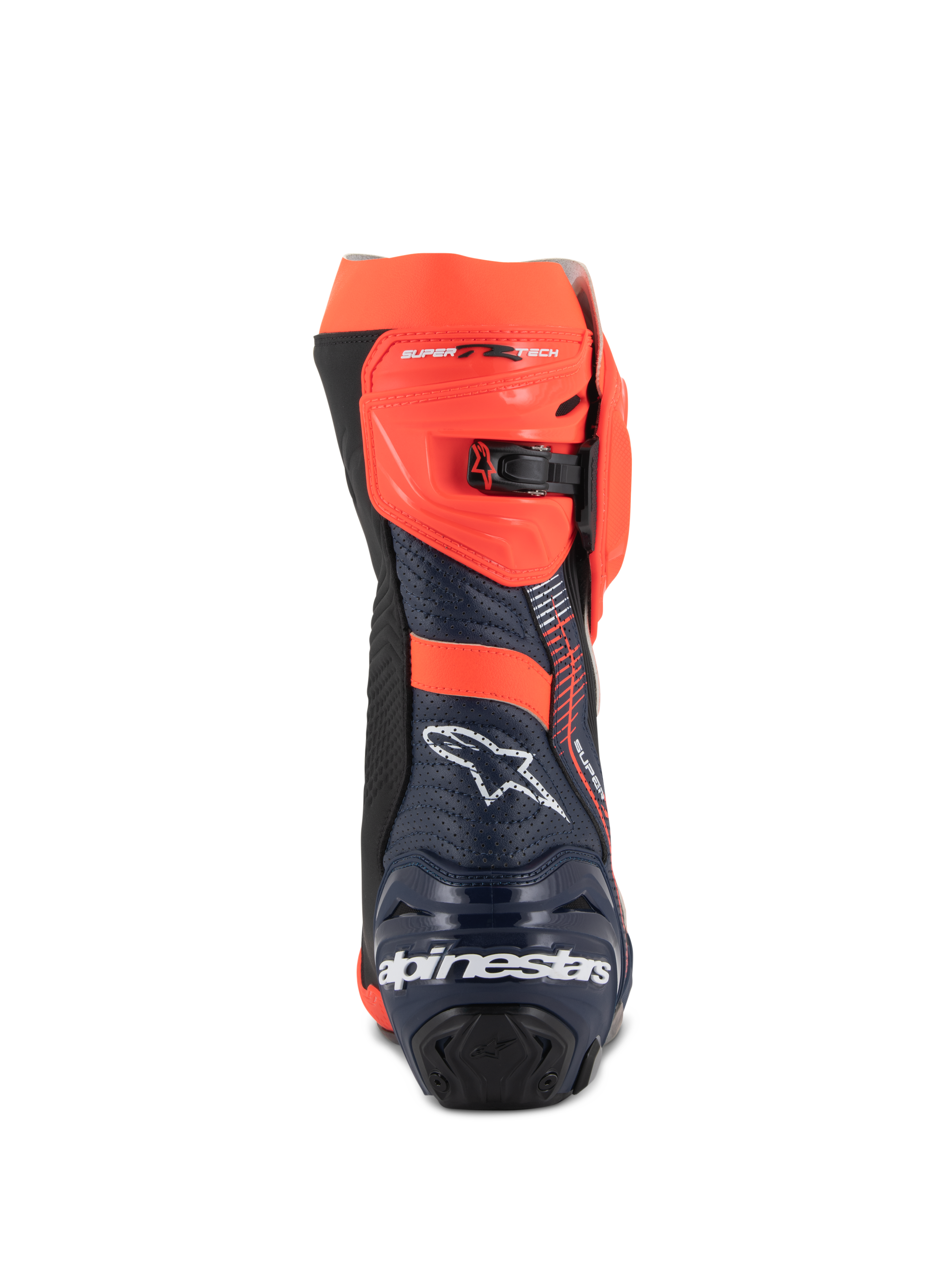Stivali Alpinestars Supertech R Vented MM93 Replica, stivali da corsa per moto, rosso fluo, blu scuro e nero, vista posteriore con logo Alpinestars bianco sul tallone e chiusura a cricchetto regolabile rosso fluo, design in microfibra traforata per un elevato flusso d'aria
