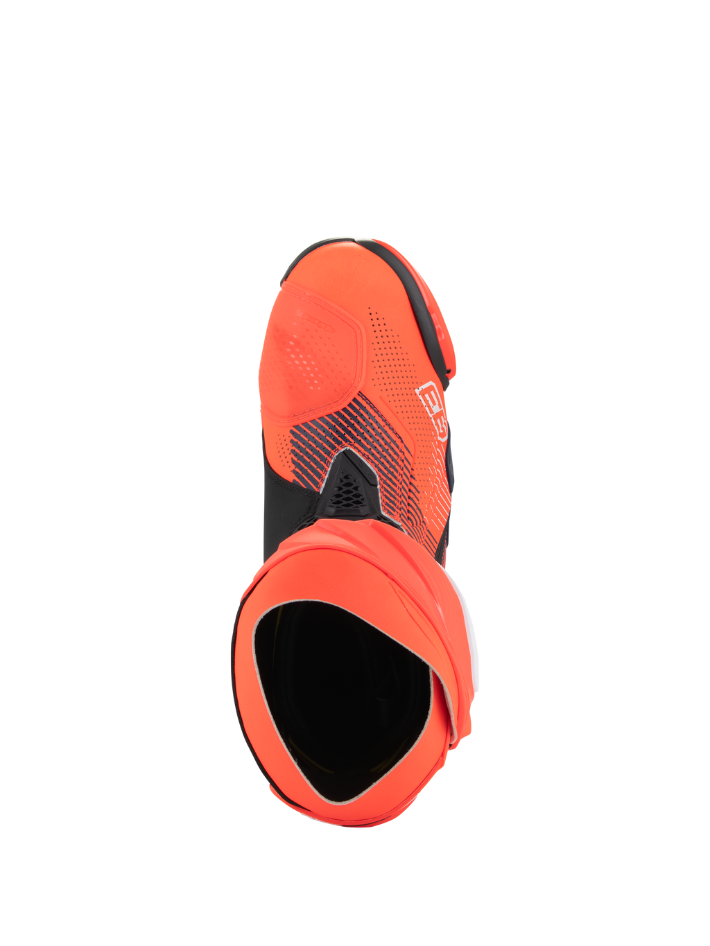Stivali Alpinestars Supertech R Vented MM93 Replica, stivali da corsa per moto ad alte prestazioni, rosso fluo e blu scuro, vista dall'alto che mostra l'apertura e la struttura della scarpetta interna, tomaia in microfibra traforata con grafiche firmate Marc Márquez
