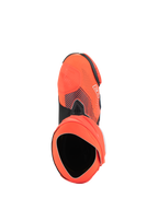 Stivali Alpinestars Supertech R Vented MM93 Replica, stivali da corsa per moto ad alte prestazioni, rosso fluo e blu scuro, vista dall'alto che mostra l'apertura e la struttura della scarpetta interna, tomaia in microfibra traforata con grafiche firmate Marc Márquez