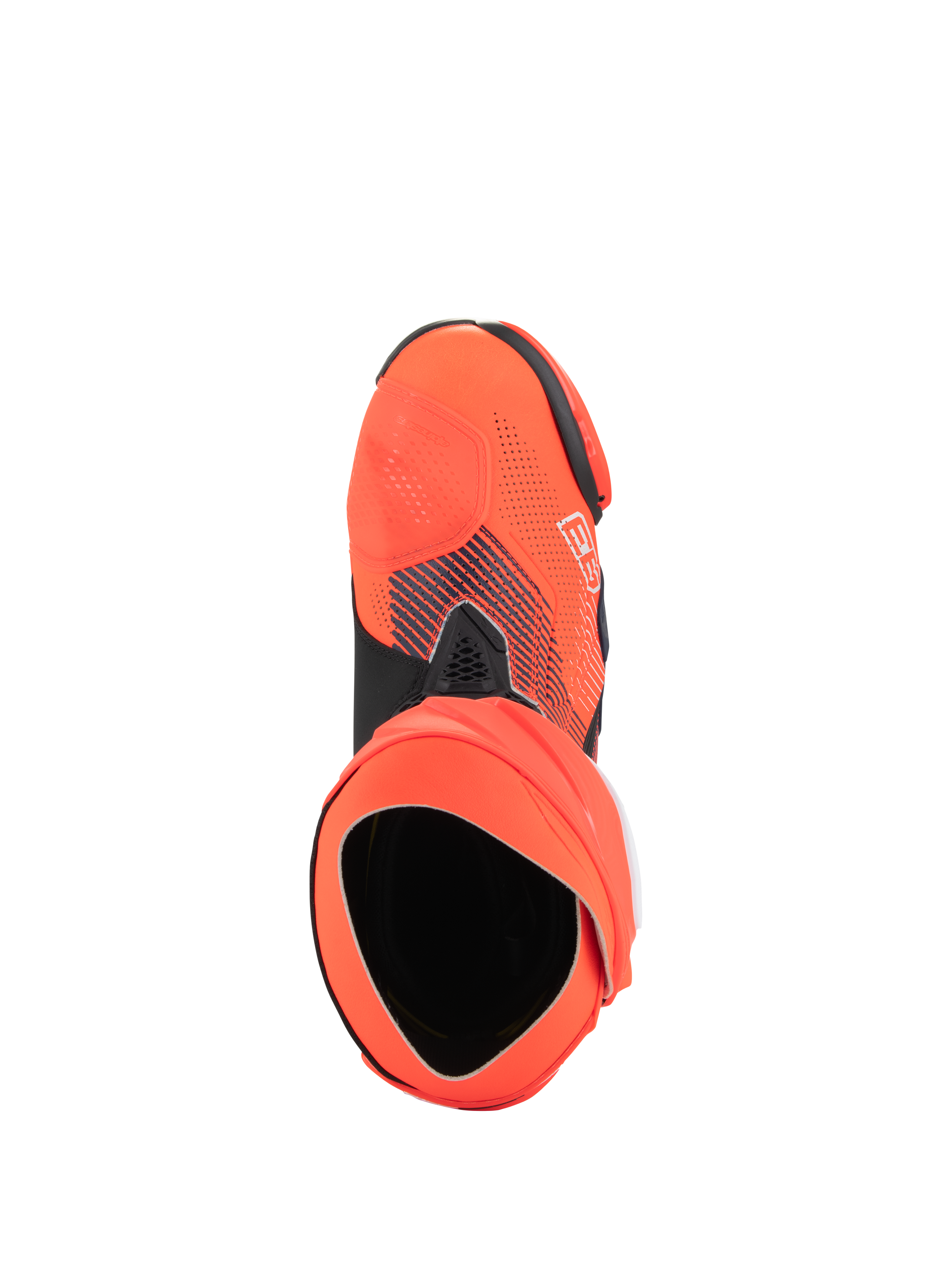 Stivali Alpinestars Supertech R Vented MM93 Replica, stivali da corsa per moto ad alte prestazioni, rosso fluo e blu scuro, vista dall'alto che mostra l'apertura e la struttura della scarpetta interna, tomaia in microfibra traforata con grafiche firmate Marc Márquez