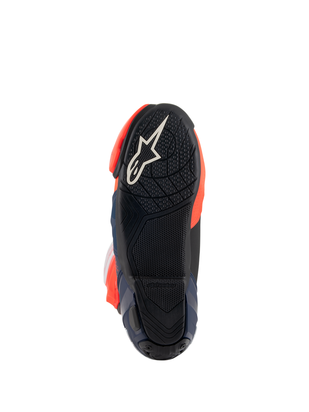 Stivali Alpinestars Supertech R Vented MM93 Replica, vista della suola che mostra la suola esterna in gomma nera con logo a stella bianco, trama grip testurizzata per le pedane e accenti rosso fluo e blu scuro, design di calzatura per prestazioni racing