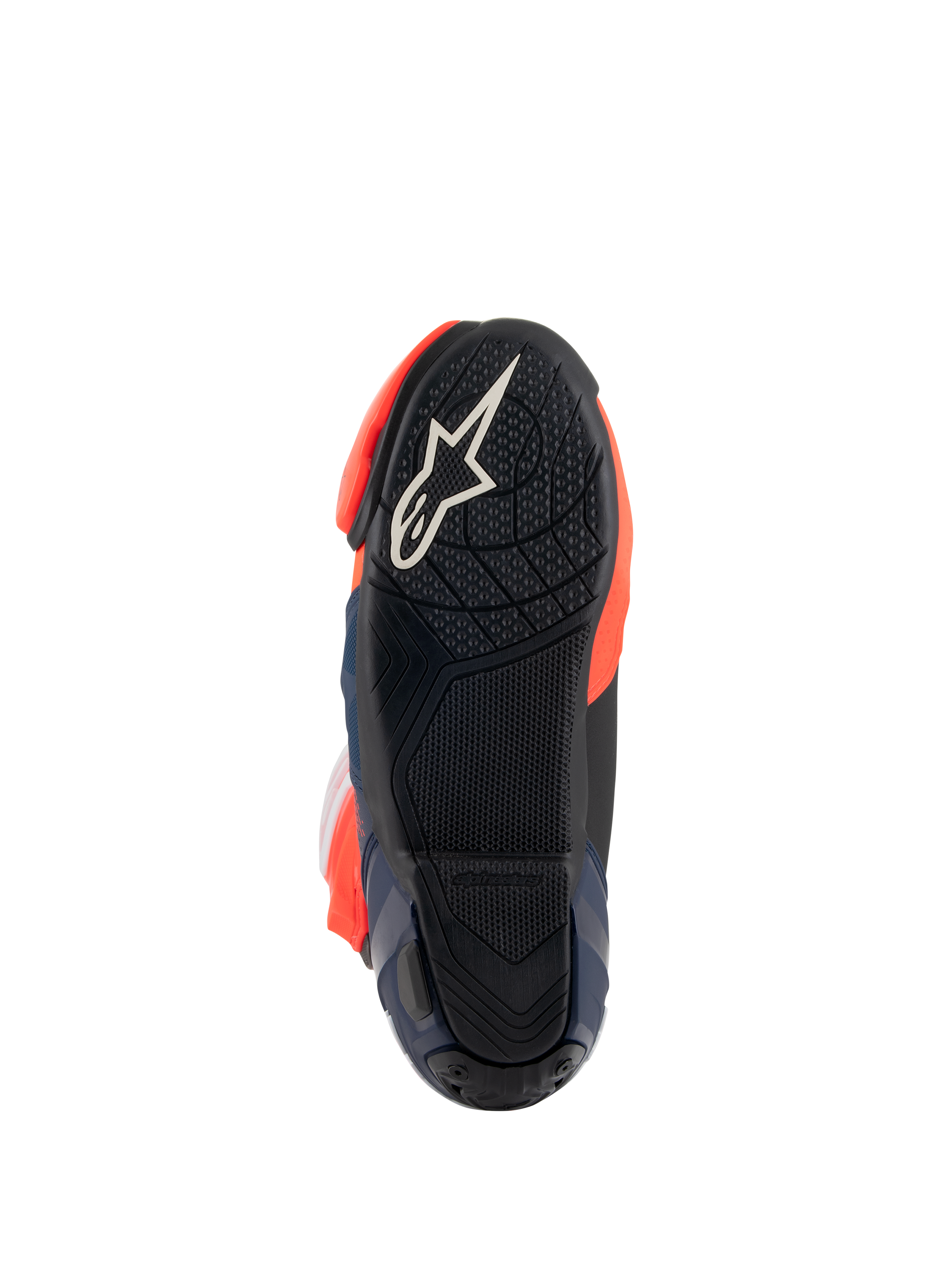 Stivali Alpinestars Supertech R Vented MM93 Replica, vista della suola che mostra la suola esterna in gomma nera con logo a stella bianco, trama grip testurizzata per le pedane e accenti rosso fluo e blu scuro, design di calzatura per prestazioni racing