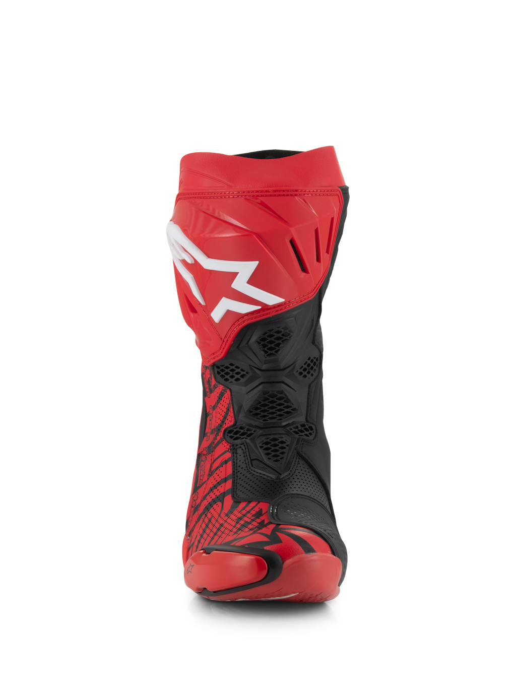 Stivali Alpinestars Supertech R LE Pecco Bagnaia Vented, stivali da corsa rossi e neri, vista frontale, caratterizzati da un grande logo Alpinestars bianco sulla placca tibiale rossa, zone in mesh traforata nera per il massimo flusso d'aria e audaci motivi grafici rossi e neri.