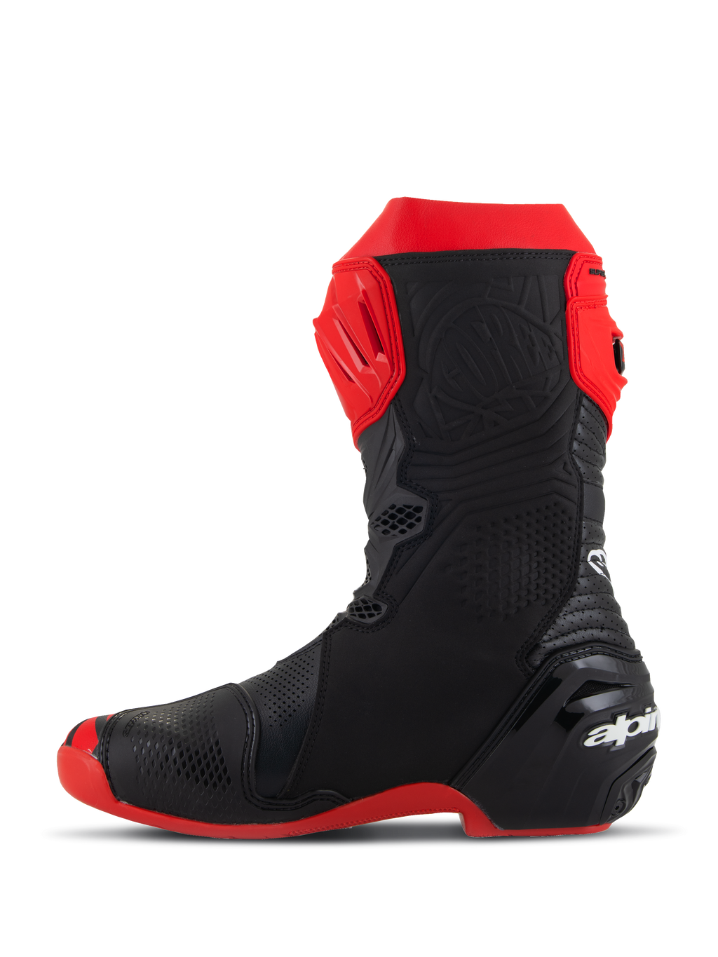 Alpinestars Supertech R LE Pecco Bagnaia Vented Boots, stivali da moto racing, rosso e nero, vista laterale, caratterizzati da ampie perforazioni, placca tibiale in TPU rosso, tallone rinforzato e suola rossa, design aerodinamico per competizioni ad alte prestazioni