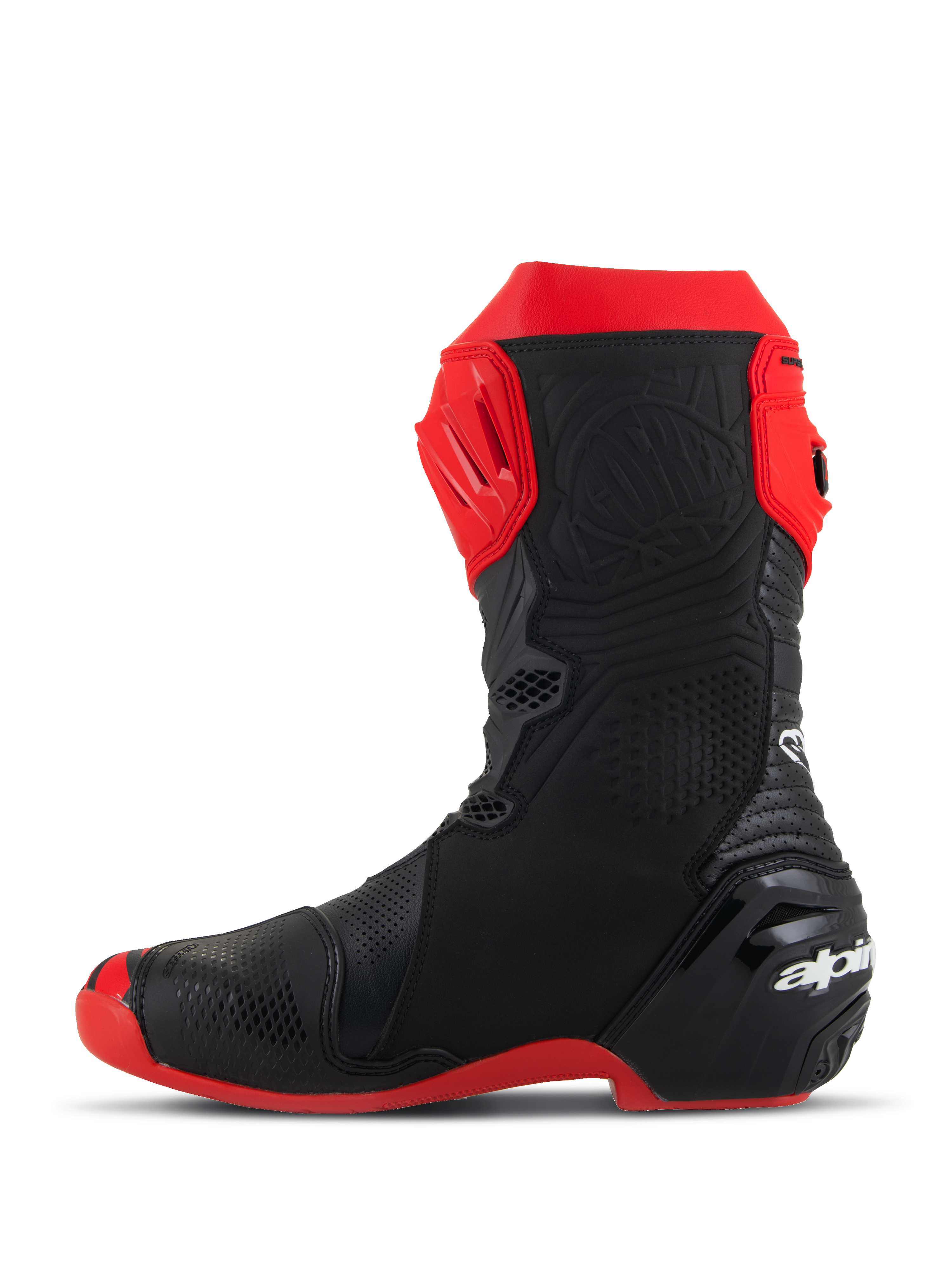 Alpinestars Supertech R LE Pecco Bagnaia Vented Boots, stivali da moto racing, rosso e nero, vista laterale, caratterizzati da ampie perforazioni, placca tibiale in TPU rosso, tallone rinforzato e suola rossa, design aerodinamico per competizioni ad alte prestazioni