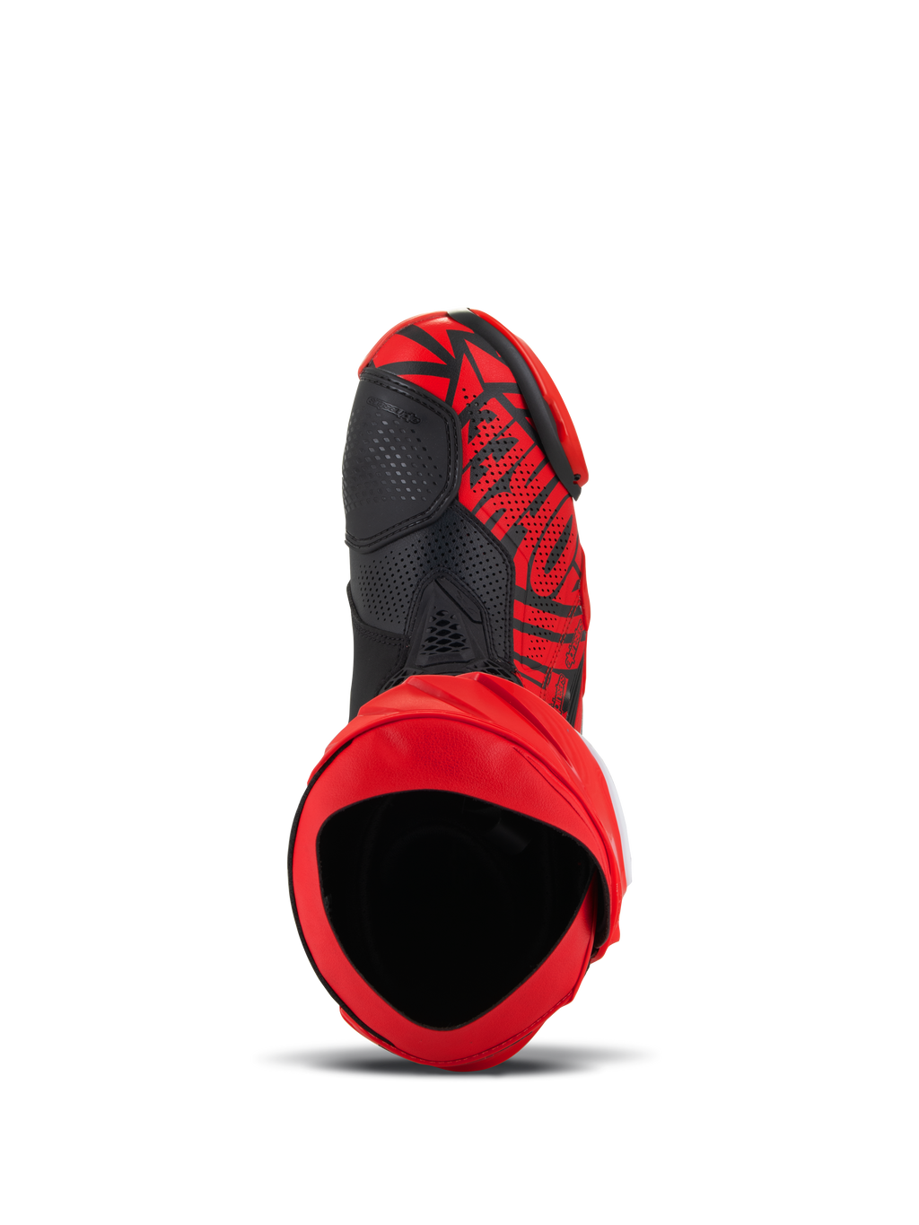 Stivali Alpinestars Supertech R LE Pecco Bagnaia Ventilati, rosso e nero, vista dall'alto che mostra l'apertura interna e la tomaia in microfibra perforata, design grafico audace con accenti neri, attrezzatura professionale per corse motociclistiche