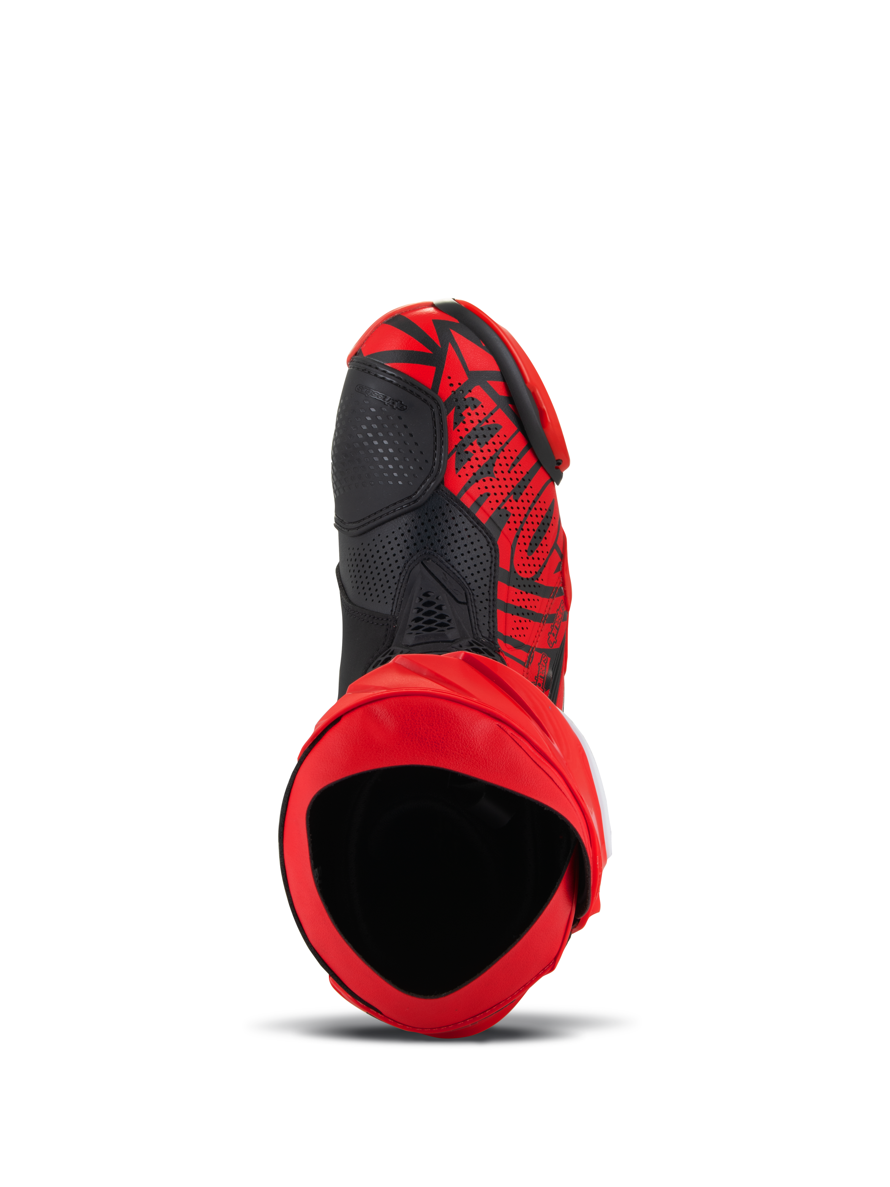 Stivali Alpinestars Supertech R LE Pecco Bagnaia Ventilati, rosso e nero, vista dall'alto che mostra l'apertura interna e la tomaia in microfibra perforata, design grafico audace con accenti neri, attrezzatura professionale per corse motociclistiche