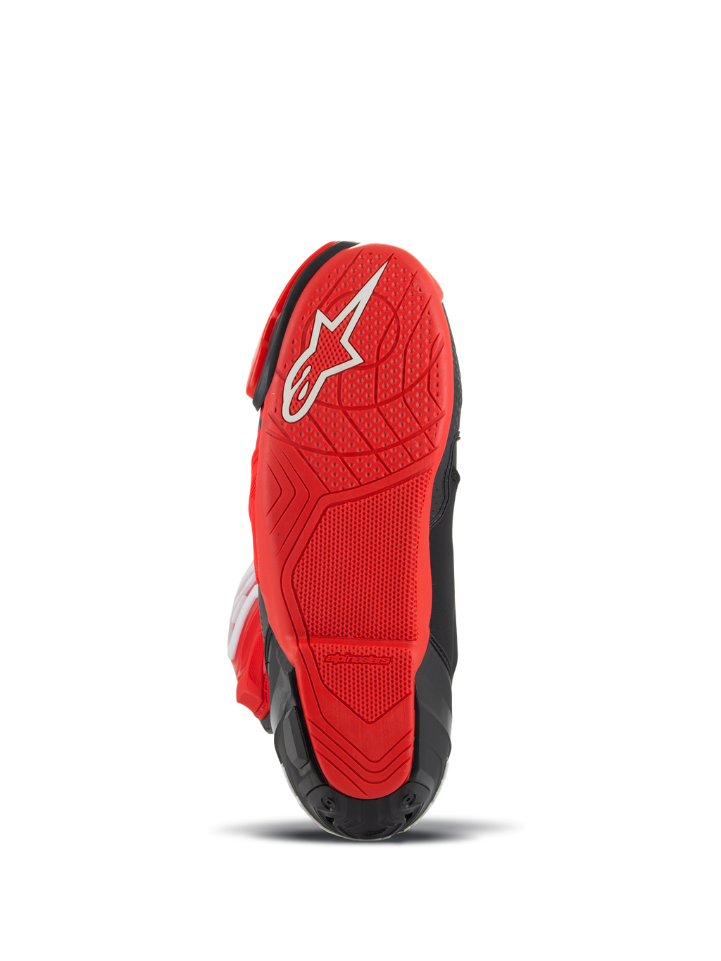 Alpinestars Supertech R LE Pecco Bagnaia Vented Boots, stivali moto da corsa, rosso e nero, vista dal basso con suola in gomma rossa con logo bianco e battistrada testurizzato per il grip