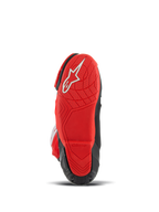 Alpinestars Supertech R LE Pecco Bagnaia Vented Boots, stivali moto da corsa, rosso e nero, vista dal basso con suola in gomma rossa con logo bianco e battistrada testurizzato per il grip