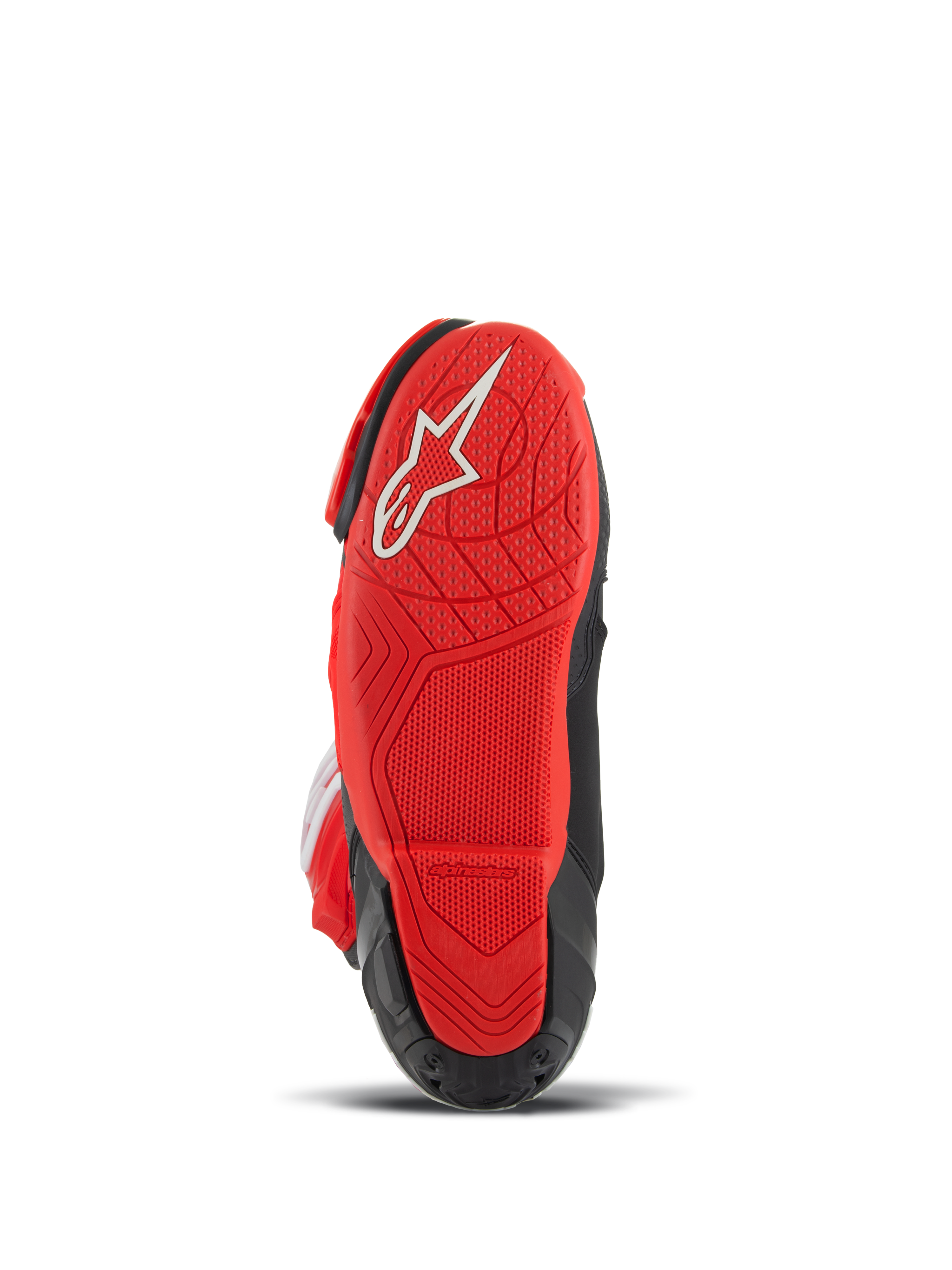 Alpinestars Supertech R LE Pecco Bagnaia Vented Boots, stivali moto da corsa, rosso e nero, vista dal basso con suola in gomma rossa con logo bianco e battistrada testurizzato per il grip