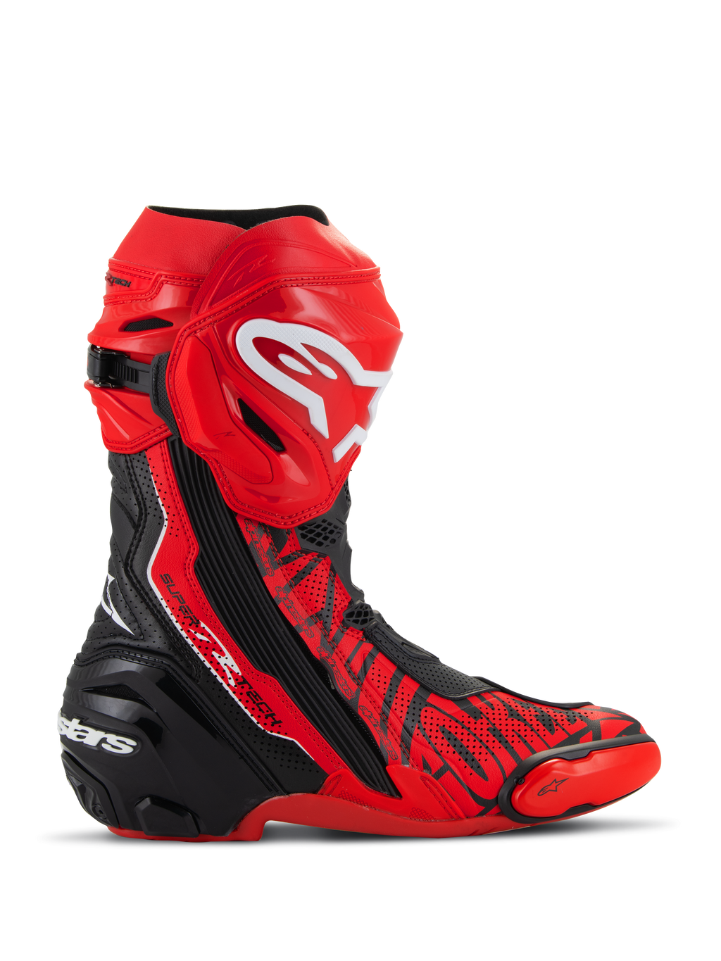 Alpinestars Stivali Supertech R LE Pecco Bagnaia Vented, stivali da moto racing, rosso con dettagli neri e bianchi, costruzione in microfibra traforata per la ventilazione, placca tibiale in TPU rosso con logo bianco, tallone rinforzato nero e slider punta sostituibili, design professionale per la pista