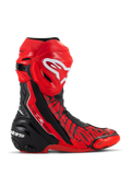 Alpinestars Stivali Supertech R LE Pecco Bagnaia Vented, stivali da moto racing, rosso con dettagli neri e bianchi, costruzione in microfibra traforata per la ventilazione, placca tibiale in TPU rosso con logo bianco, tallone rinforzato nero e slider punta sostituibili, design professionale per la pista