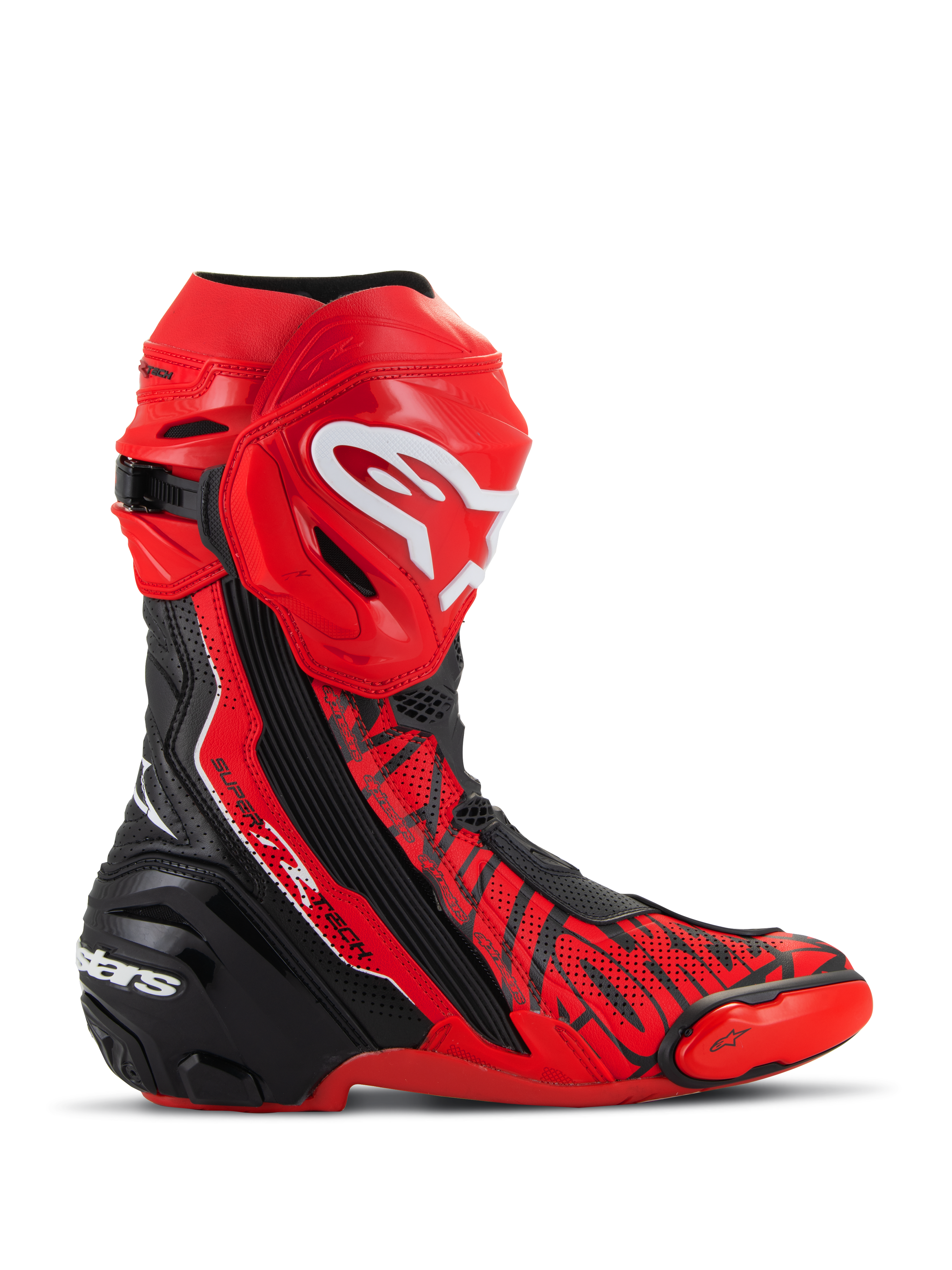 Alpinestars Stivali Supertech R LE Pecco Bagnaia Vented, stivali da moto racing, rosso con dettagli neri e bianchi, costruzione in microfibra traforata per la ventilazione, placca tibiale in TPU rosso con logo bianco, tallone rinforzato nero e slider punta sostituibili, design professionale per la pista