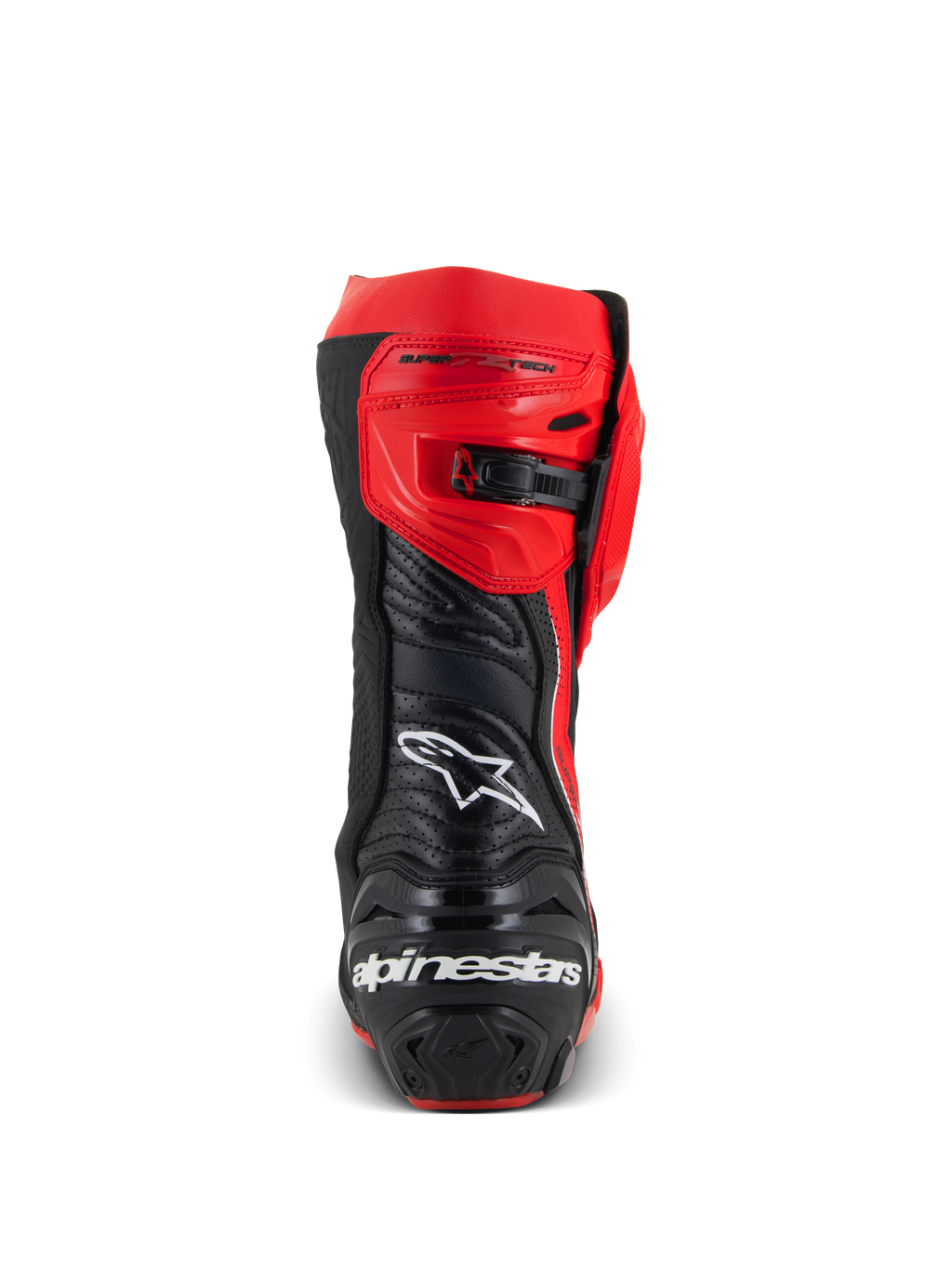 Stivali Alpinestars Supertech R LE Pecco Bagnaia Vented, vista posteriore di uno stivale da corsa per moto rosso e nero, design in pelle traforata, logo Alpinestars bianco sul retro, chiusura a cricchetto regolabile, attrezzatura professionale da pista