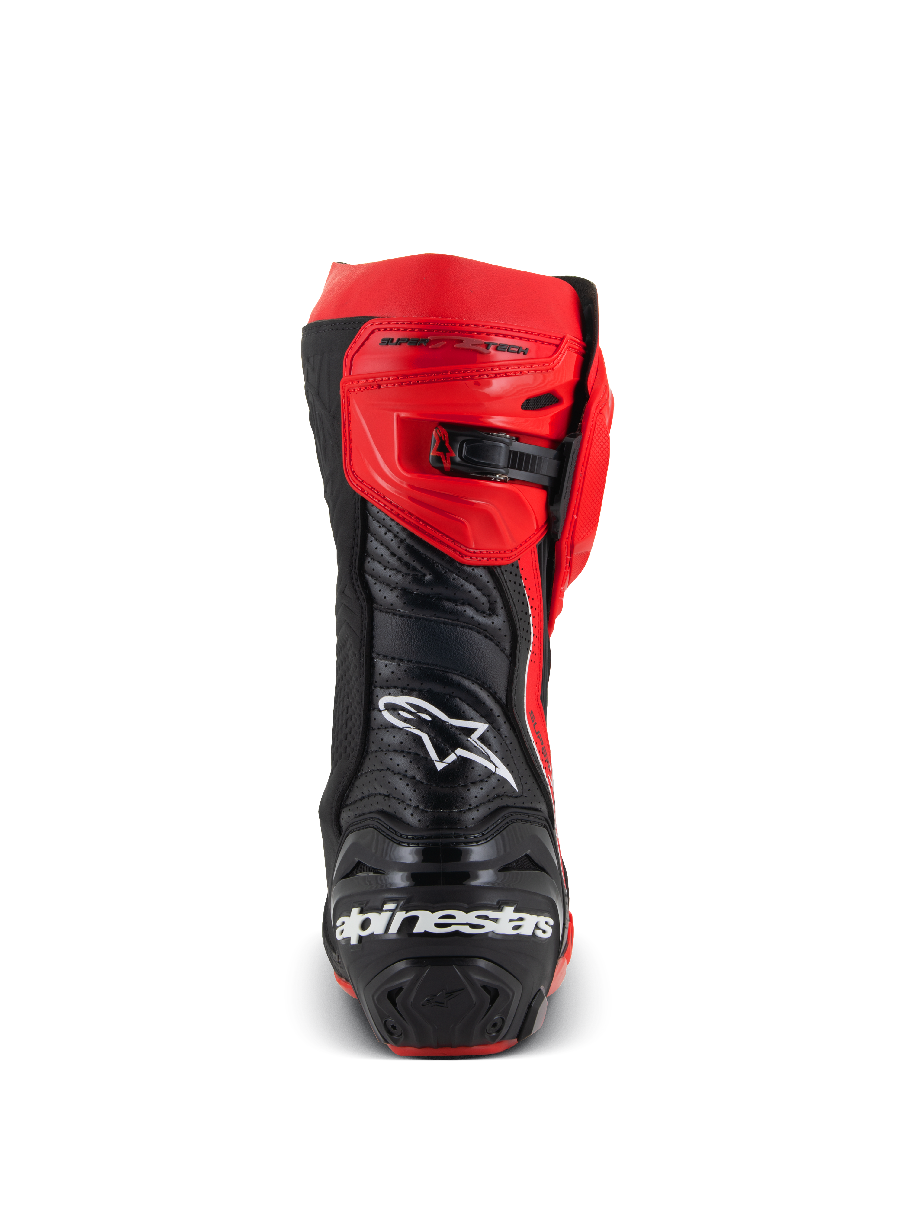 Stivali Alpinestars Supertech R LE Pecco Bagnaia Vented, vista posteriore di uno stivale da corsa per moto rosso e nero, design in pelle traforata, logo Alpinestars bianco sul retro, chiusura a cricchetto regolabile, attrezzatura professionale da pista
