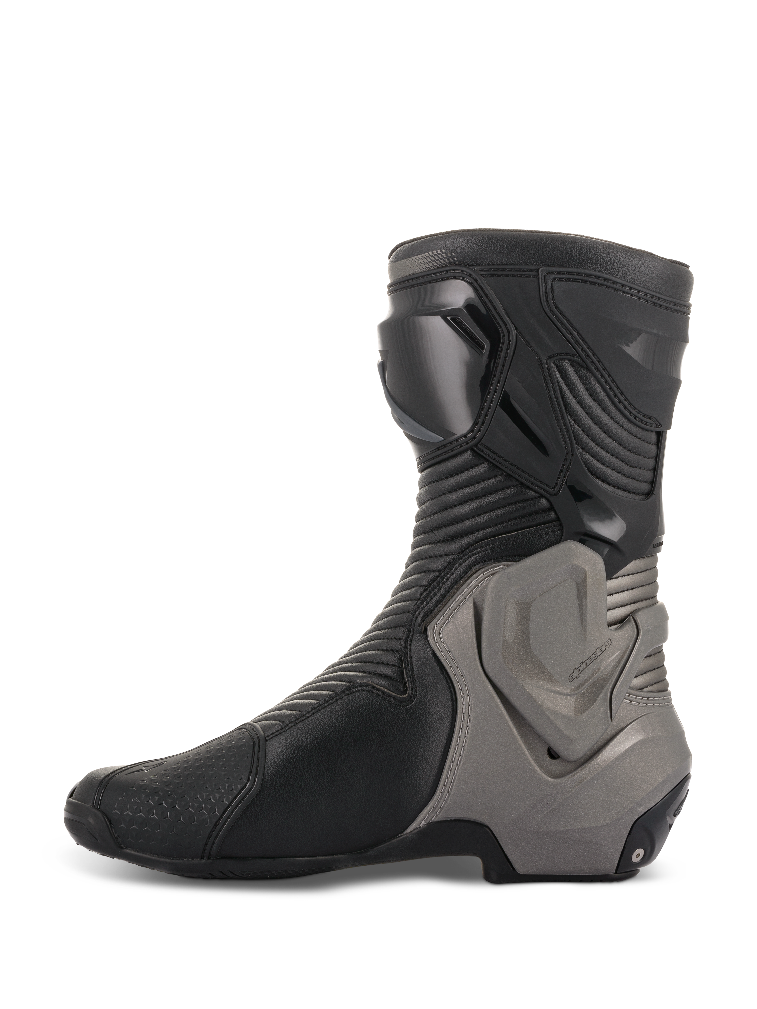 Stivali Alpinestars SMX Plus V2, stivali moto racing, nero e grigio scuro, profilo laterale che mostra la tomaia in microfibra con pannelli a soffietto e sistema di protezione della caviglia Multi-Link Control grigio
